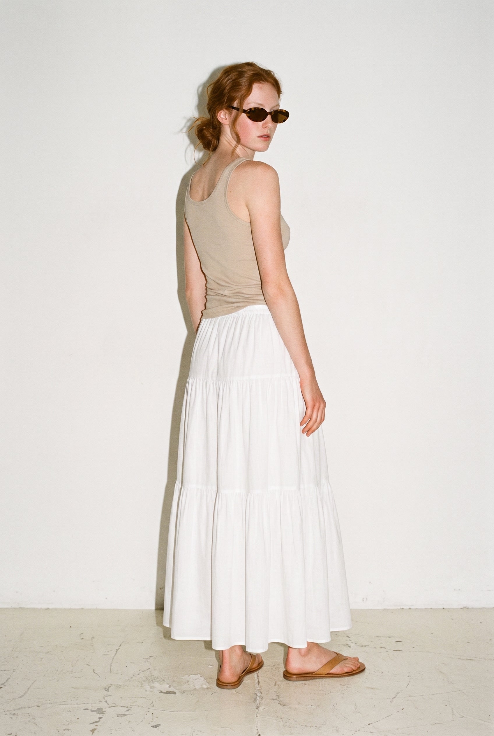 Drawstring Detail Tiered Maxi Skirt White audrey