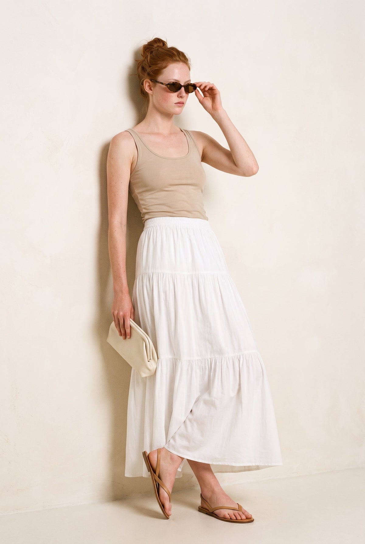 Drawstring Detail Tiered Maxi Skirt White audrey