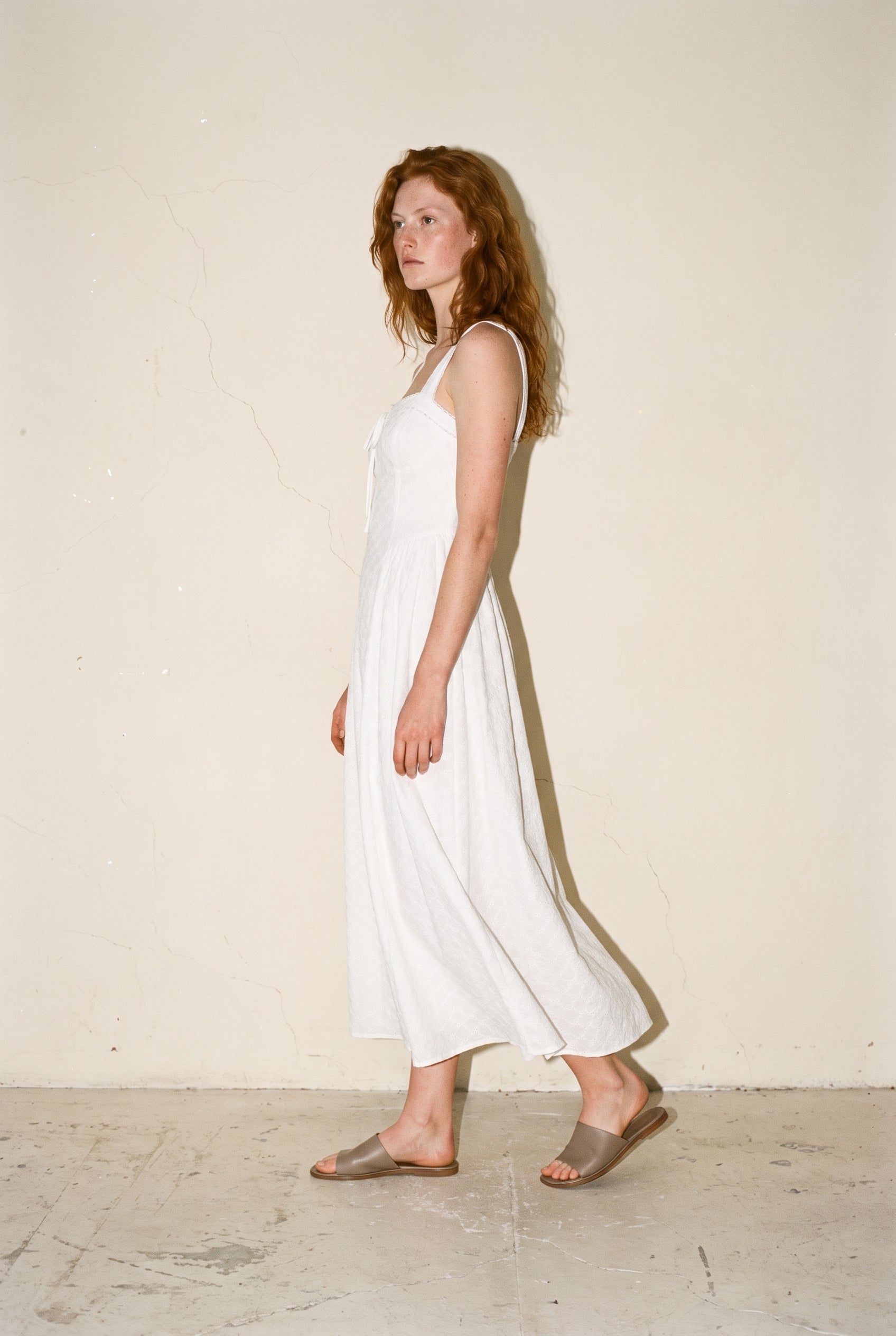 Eyelet Back Cross Strap Midi Dress Off White Mable