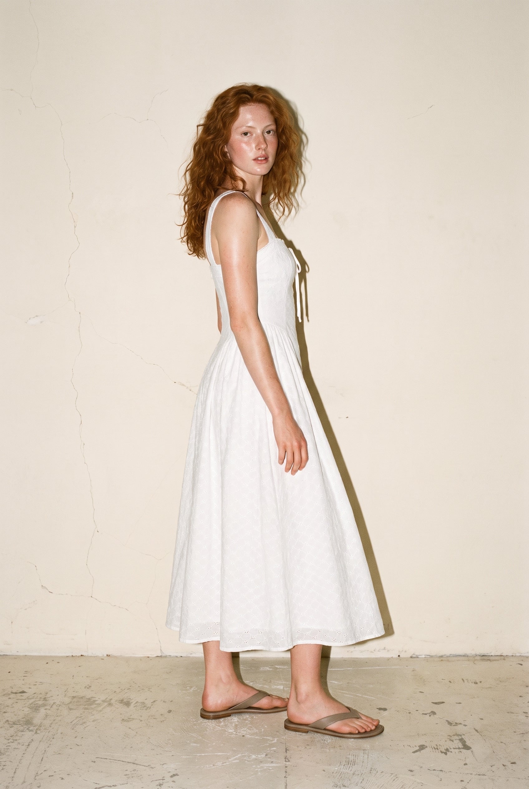 Eyelet Back Cross Strap Midi Dress Off White