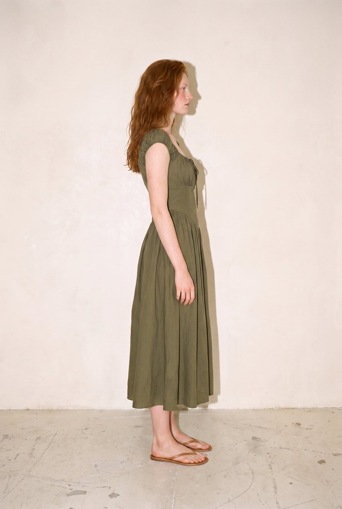 Josie Poplin Tie Front Bow Midi Dress Olive Creamon