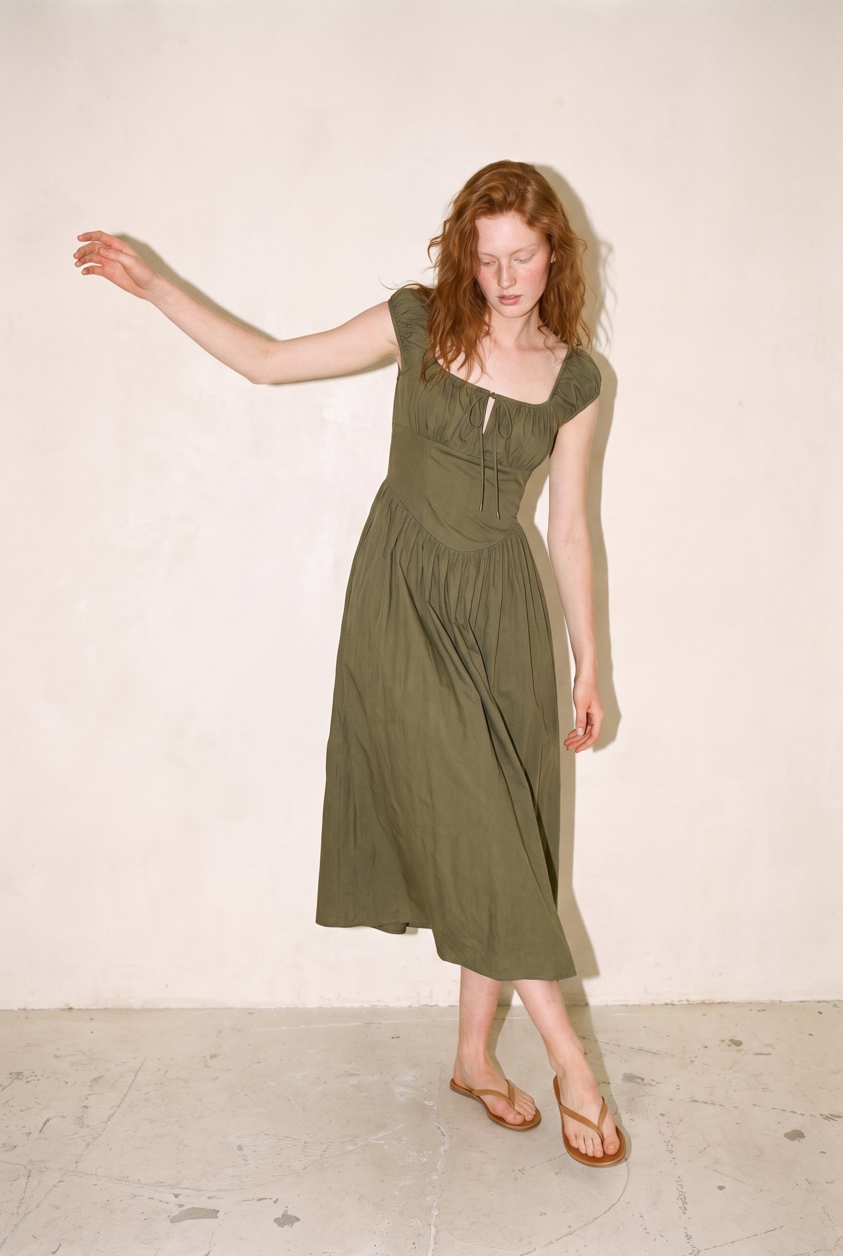 Josie Poplin Tie Front Bow Midi Dress Olive