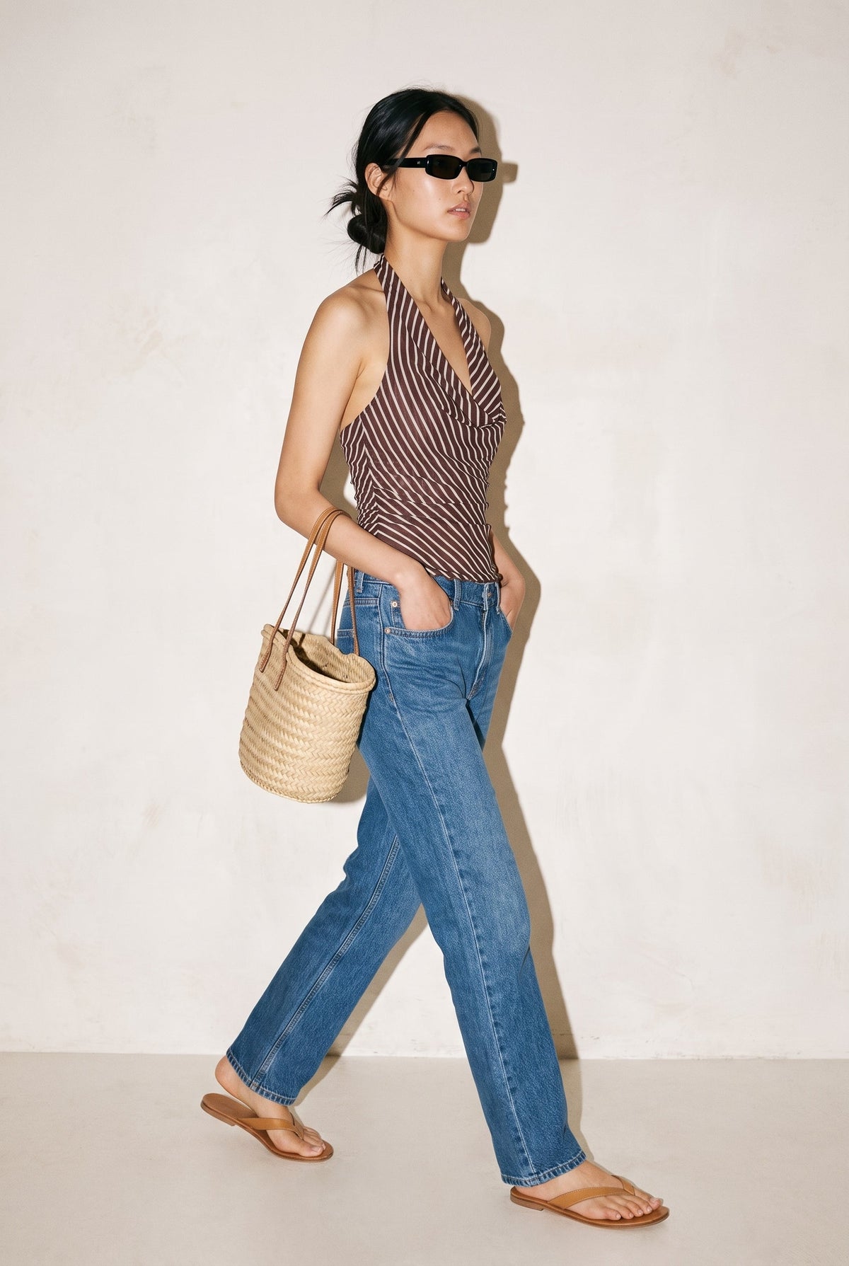 Diagonal Striped Mesh Cowl Top Brown Et Clet