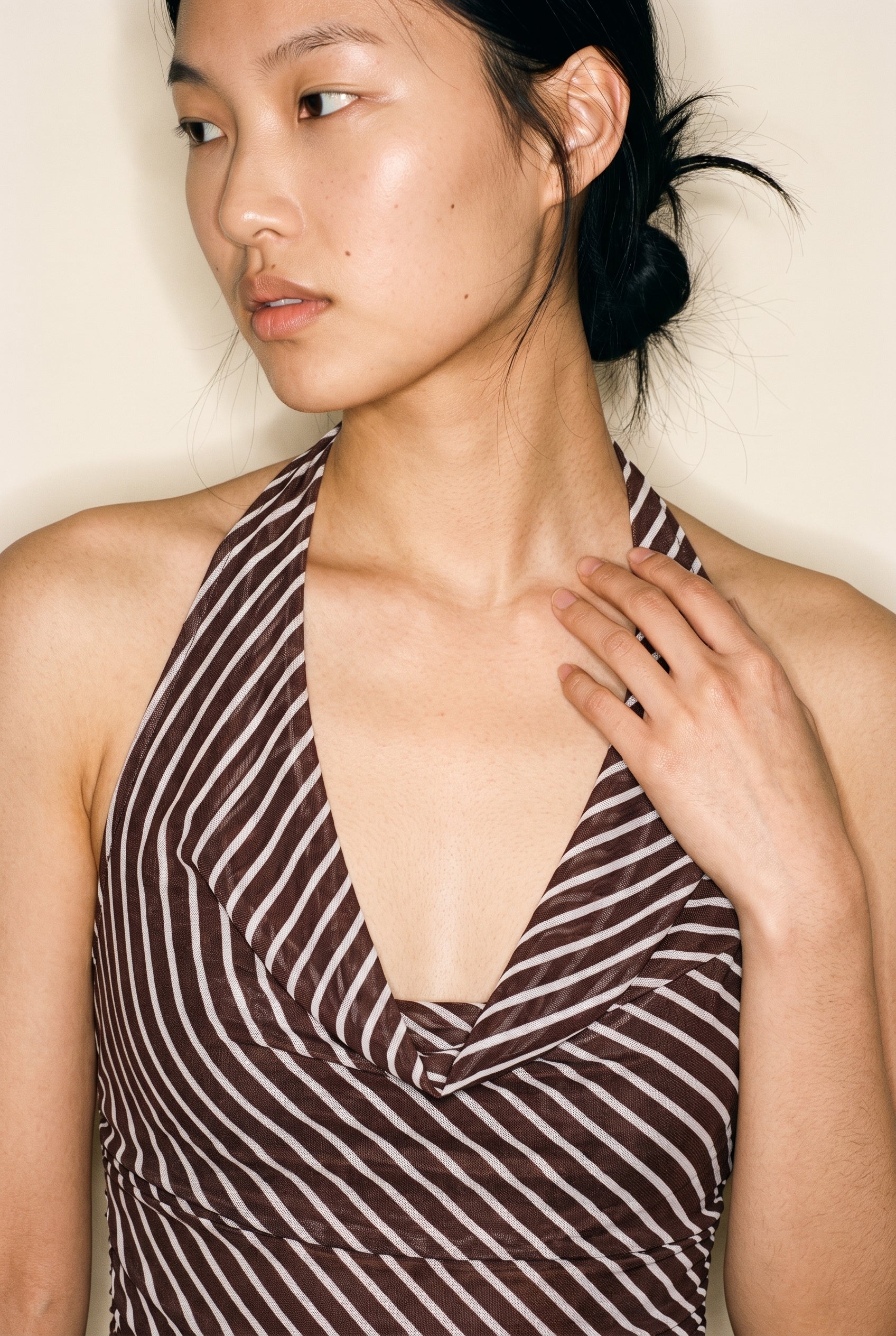 Diagonal Striped Mesh Cowl Top Brown Et Clet