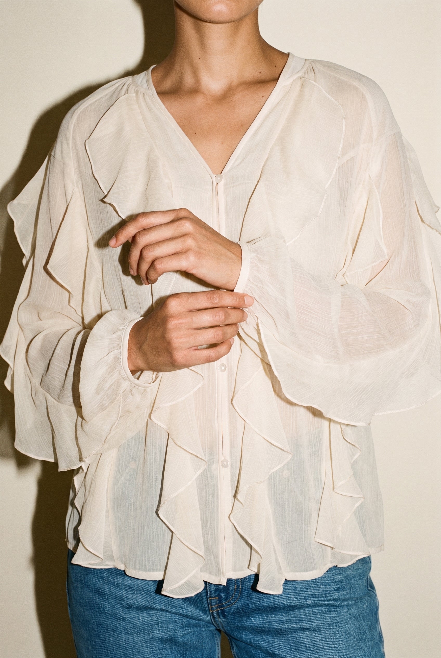Ruffle Front Long Sleeve Blouse Beige 12 Rue Collette