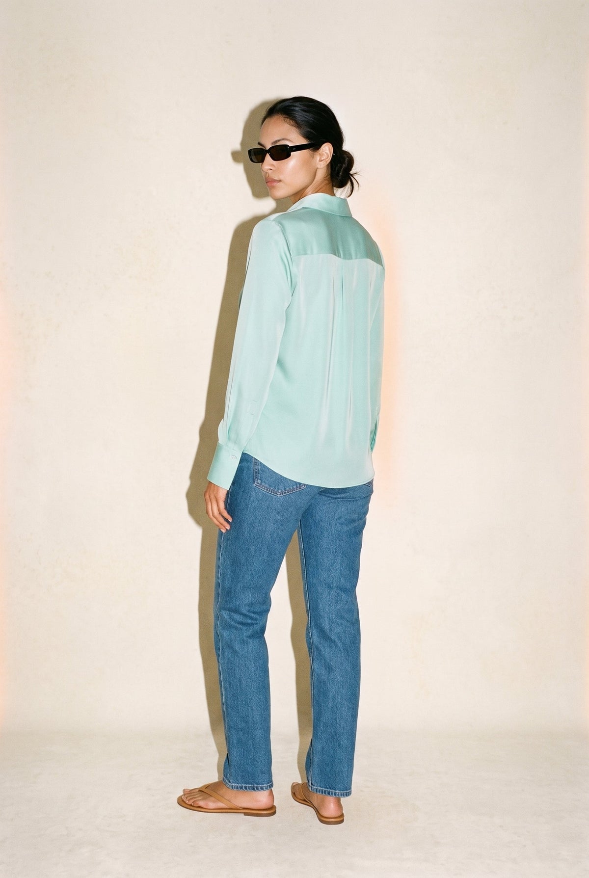 Wide Cuff Long Sleeve Button Up Blouse Fair Aqua Naked Zebra