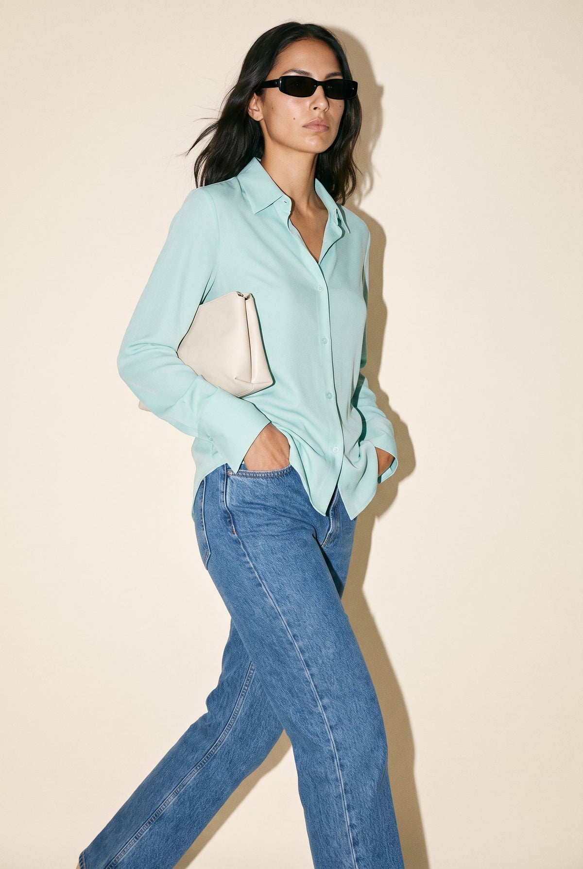 Wide Cuff Long Sleeve Button Up Blouse Fair Aqua Naked Zebra