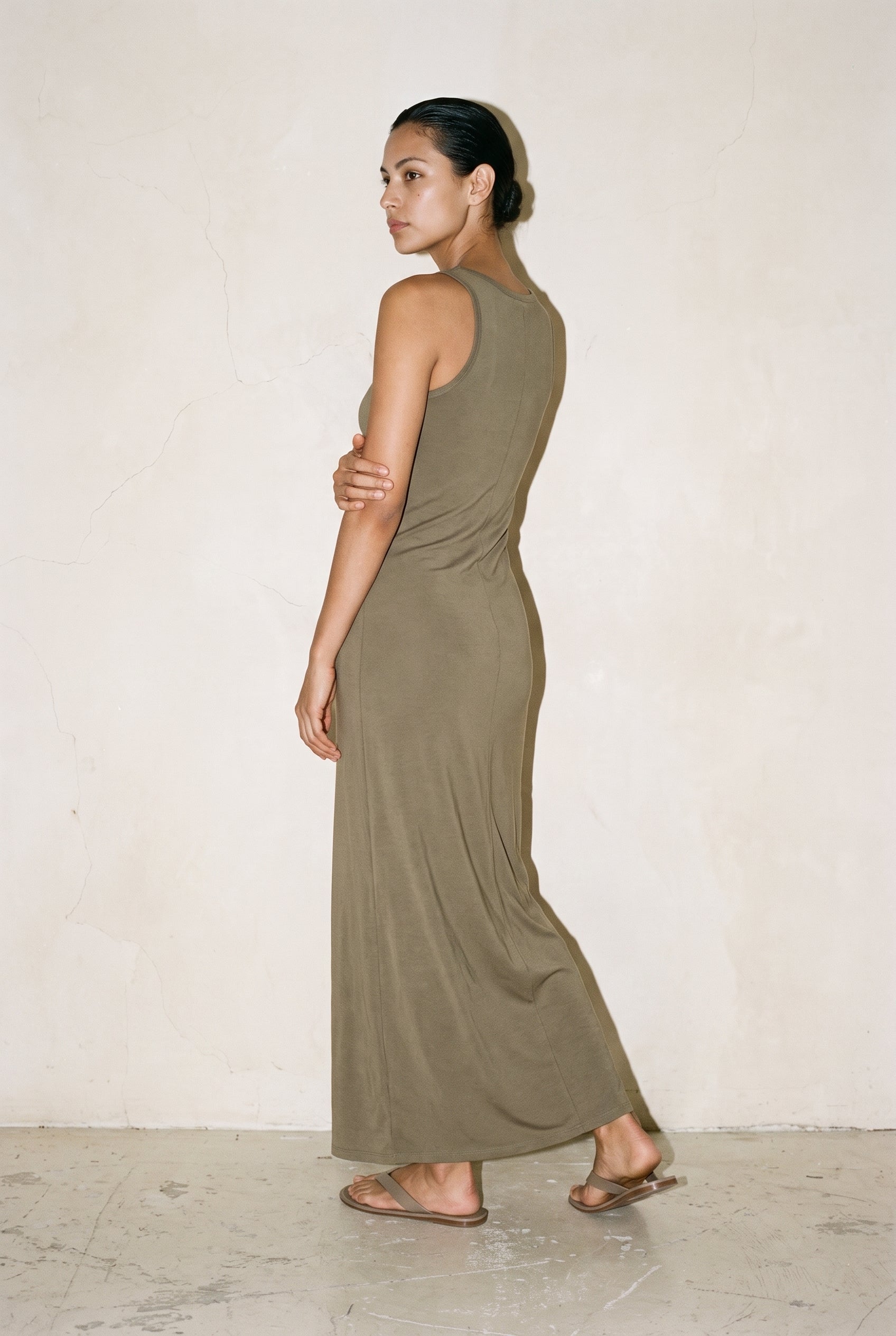 Classic Fitted Maxi Dress Khaki Green
