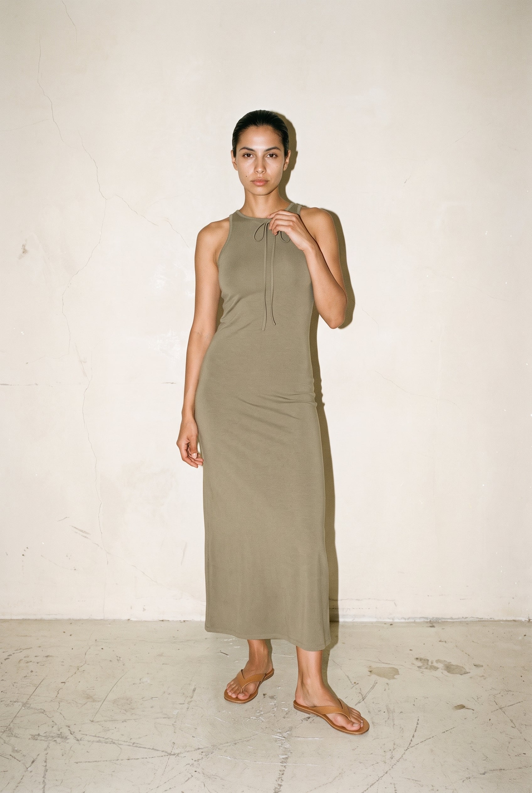 Classic Fitted Maxi Dress Khaki Green