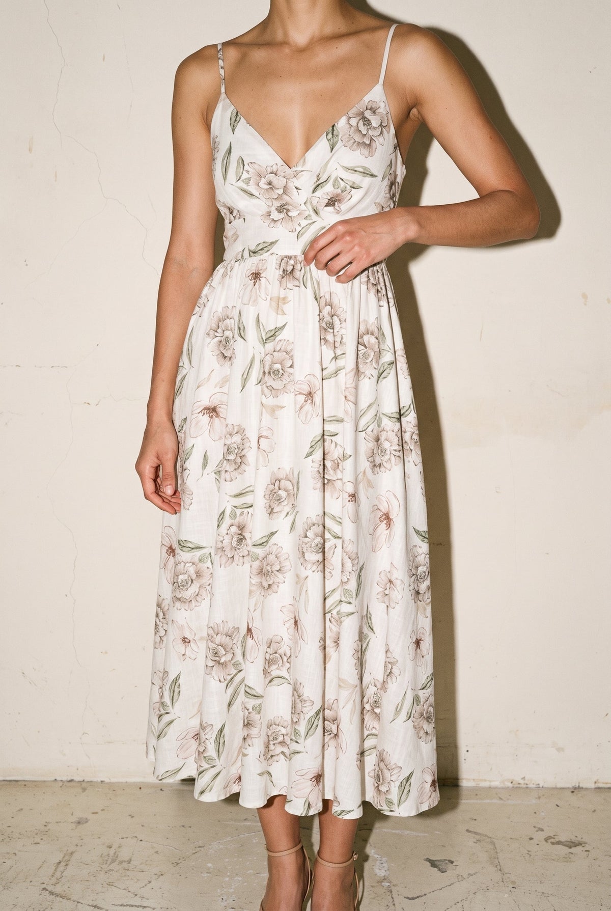 Thin Adjustable Strap Elastic Back Waisted Midi Dress Ivory/Green Aakaa