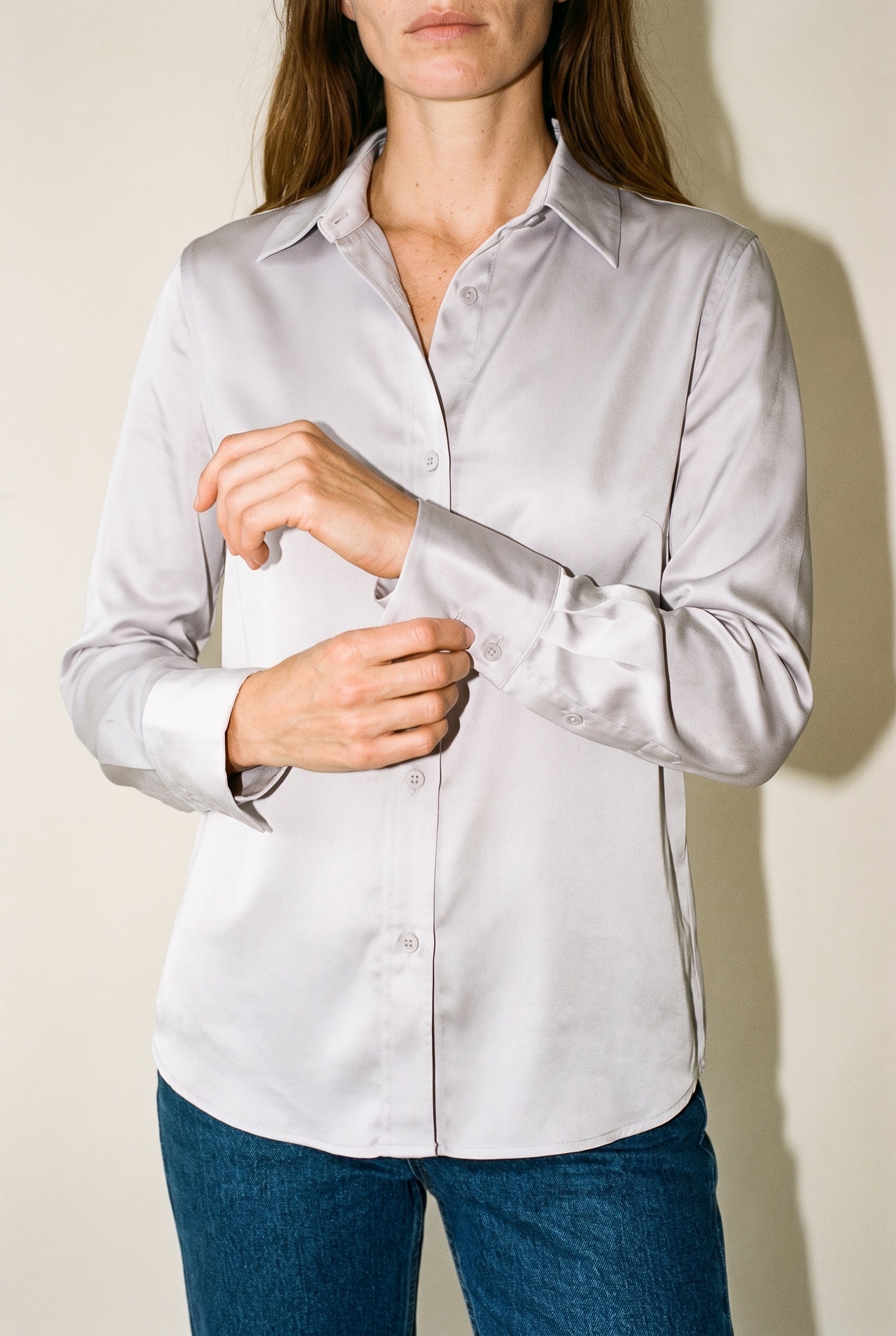 Satin Button Down Blouse Gray 12 Rue Collette