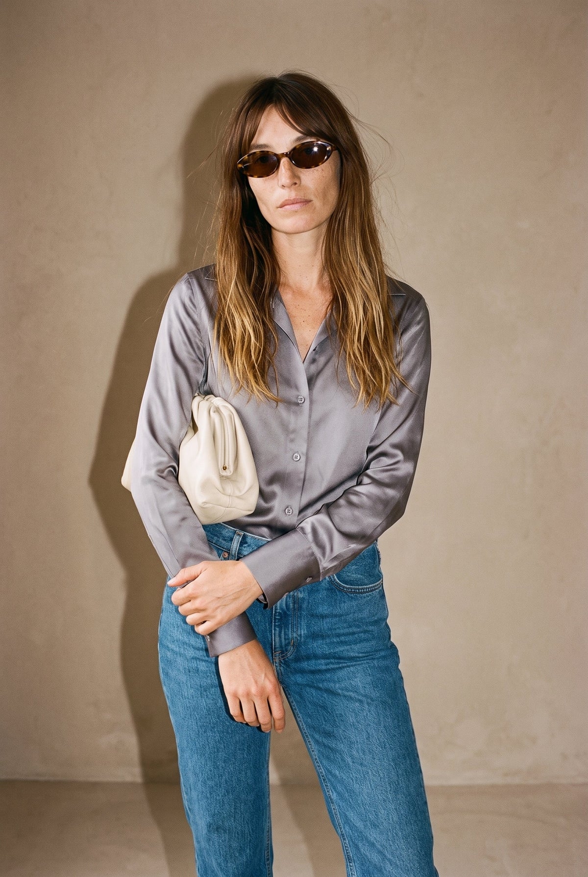 Satin Button Down Blouse Gray 12 Rue Collette