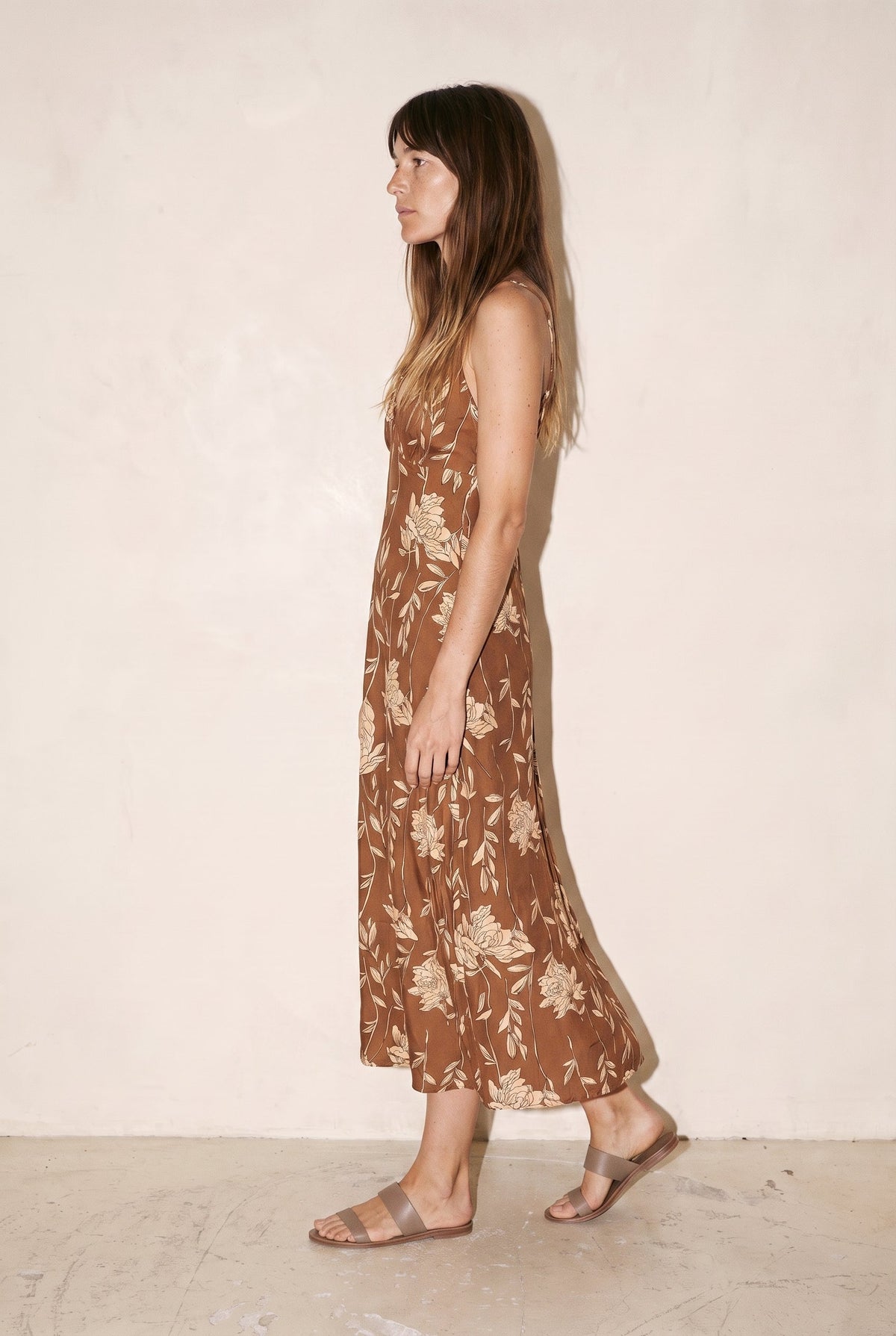 V Neck Back Strap Midi Dress Brown Mable