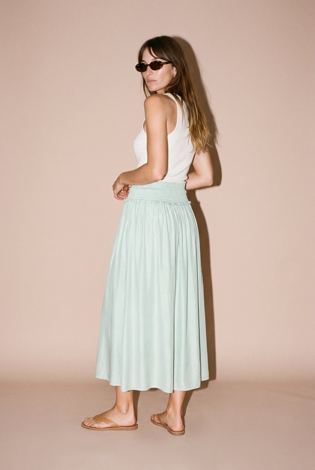Washed Smoked Waist Band Skirt Mint Aakaa