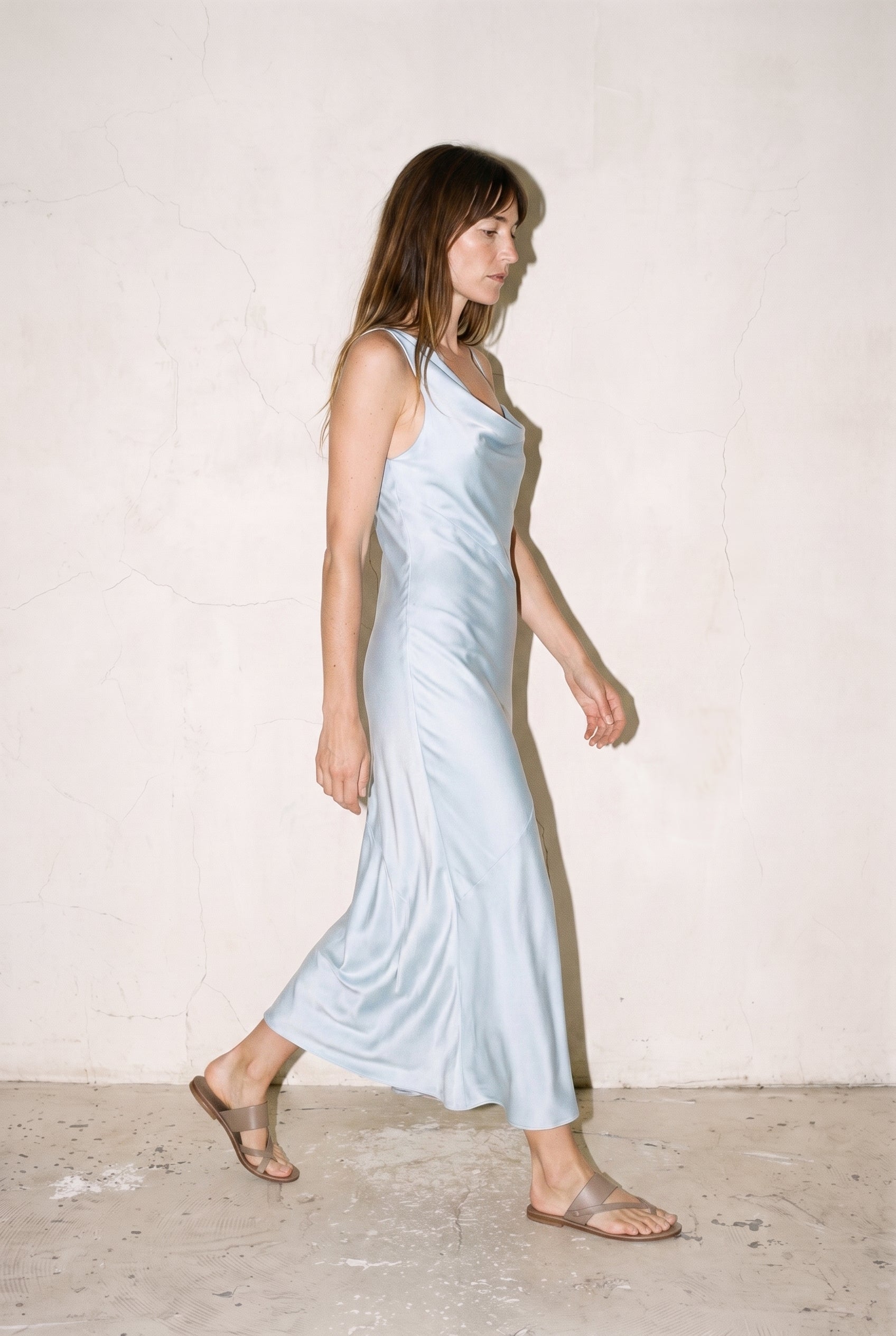 One-shoulder Draped Back Satin Dress Sky