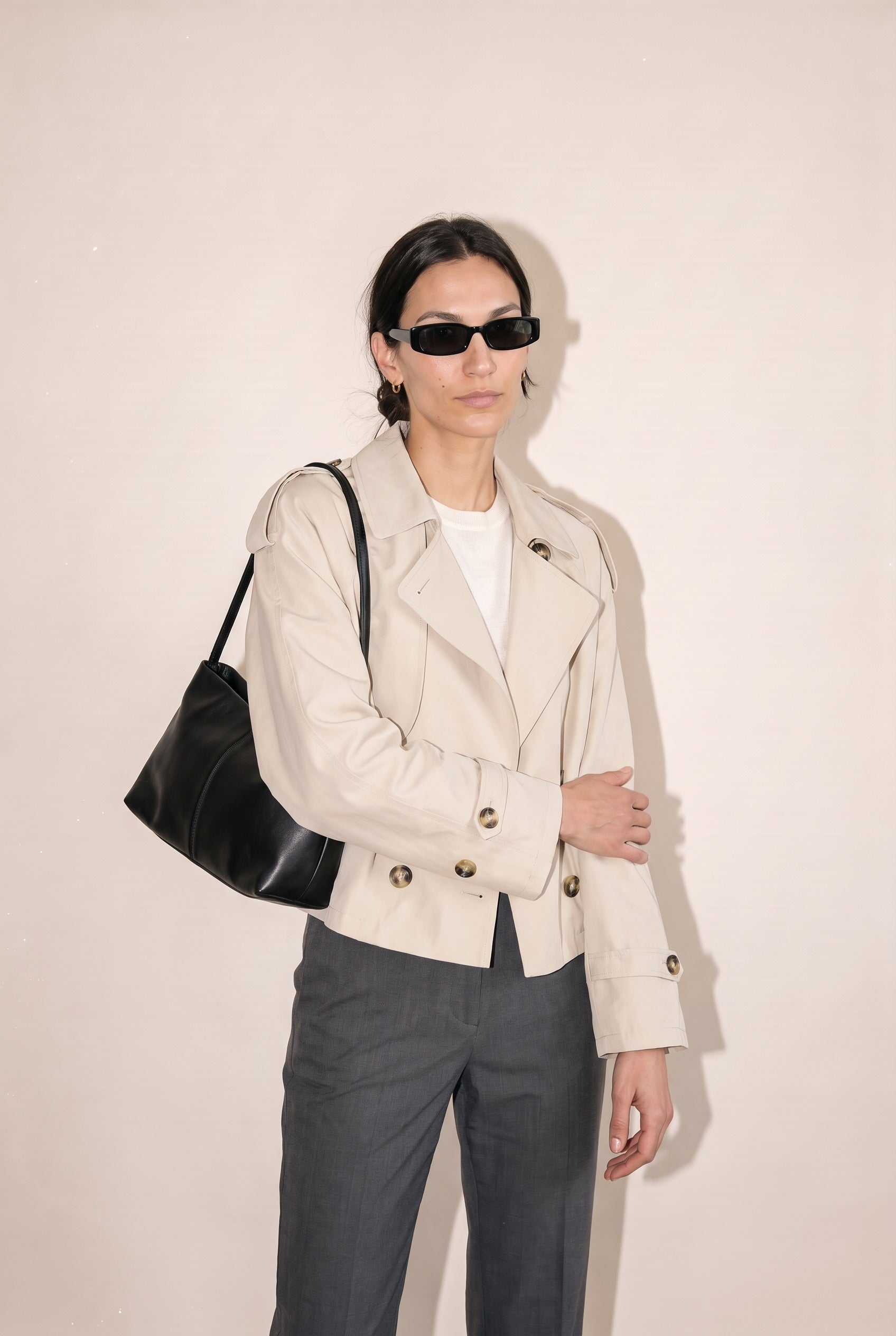 Trench-coat demi-taille à double boutonnage beige
