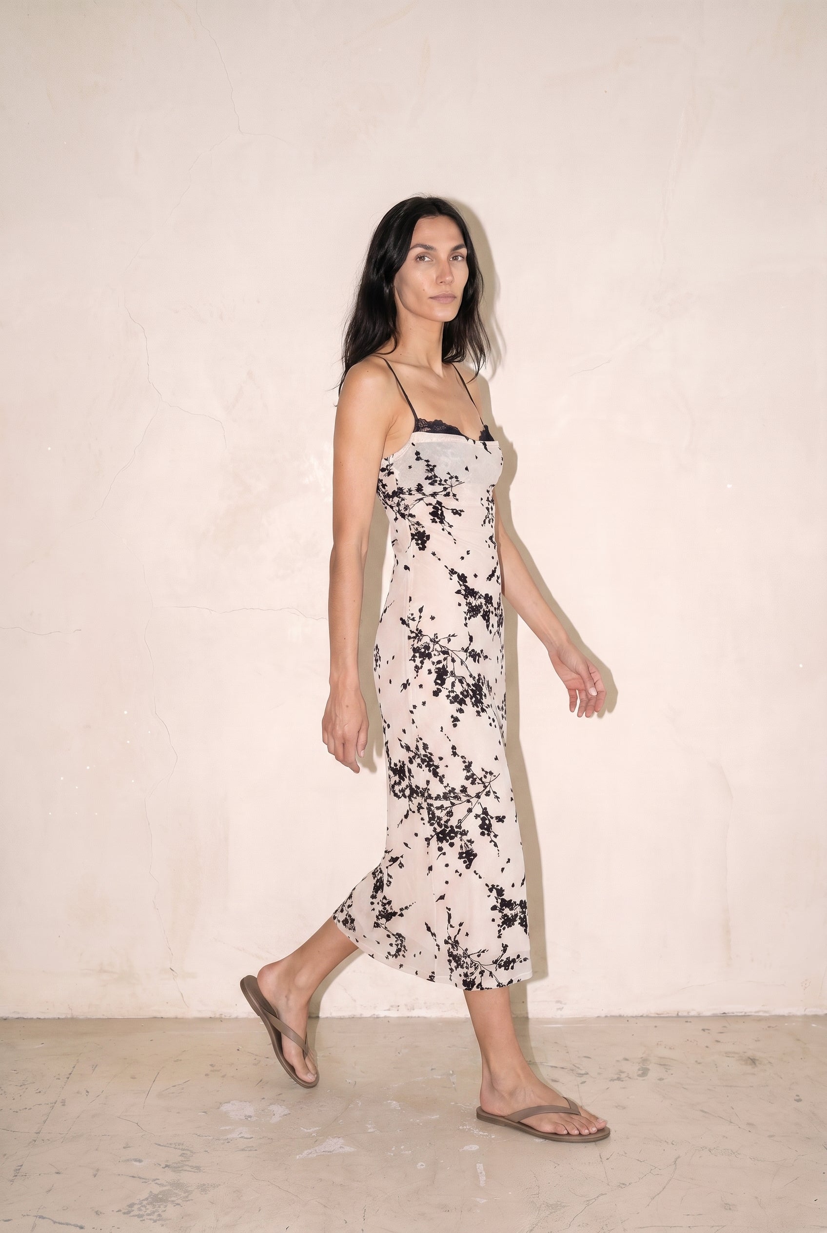 Spaghetti Bra Cup Mesh Velvet Burn Out Midi Dress