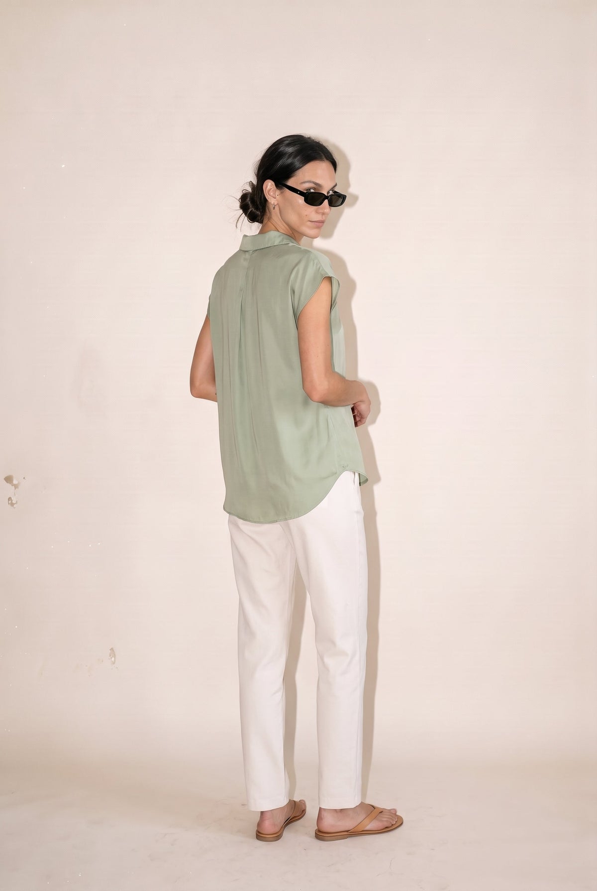Button Down Cap Sleeve Shirt Sage Green Miou Muse