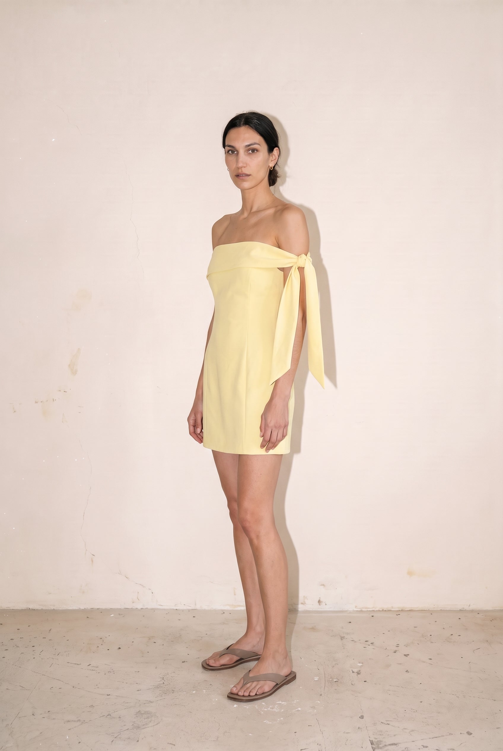 Off Shoulder Tie Mini Dress Lemon