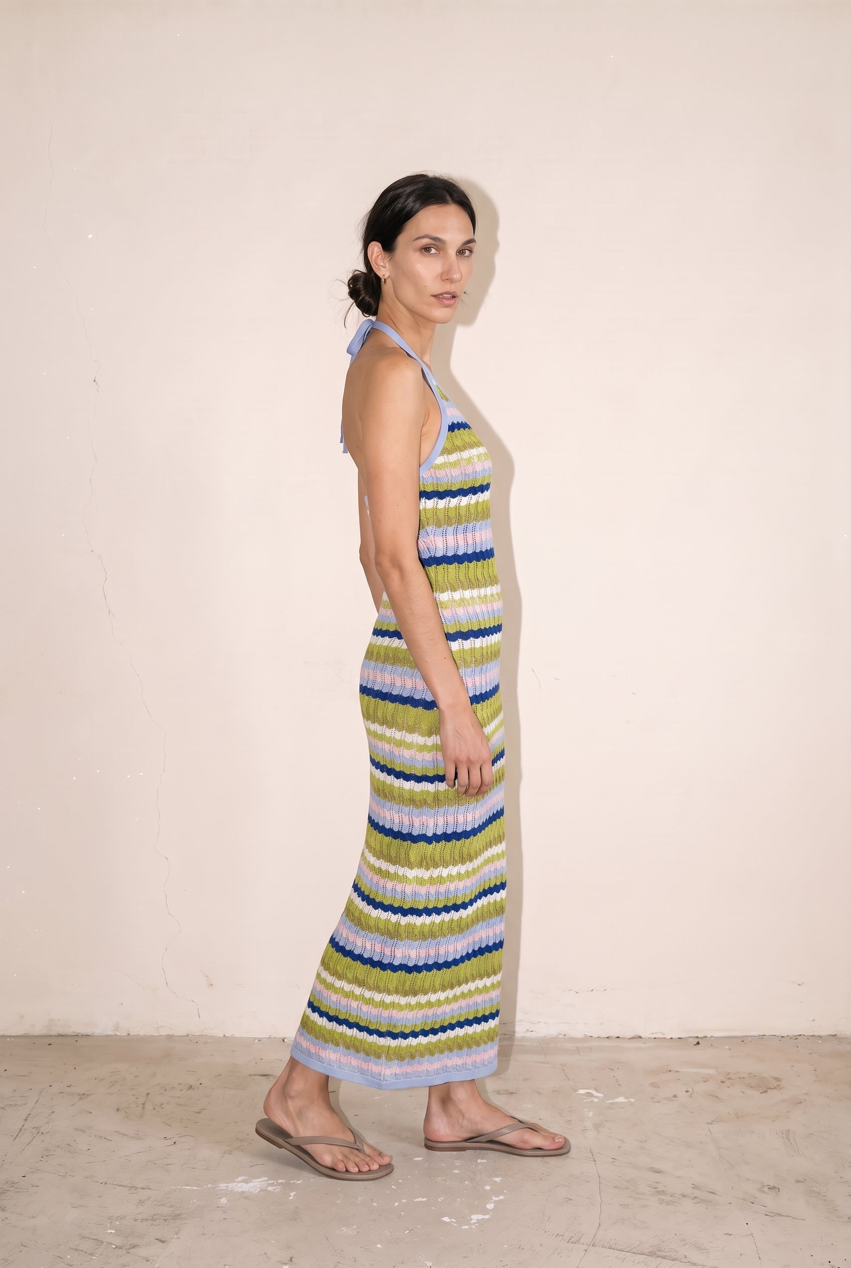 Multi Wavy Stripe Halter Neck Knit Maxi Dress