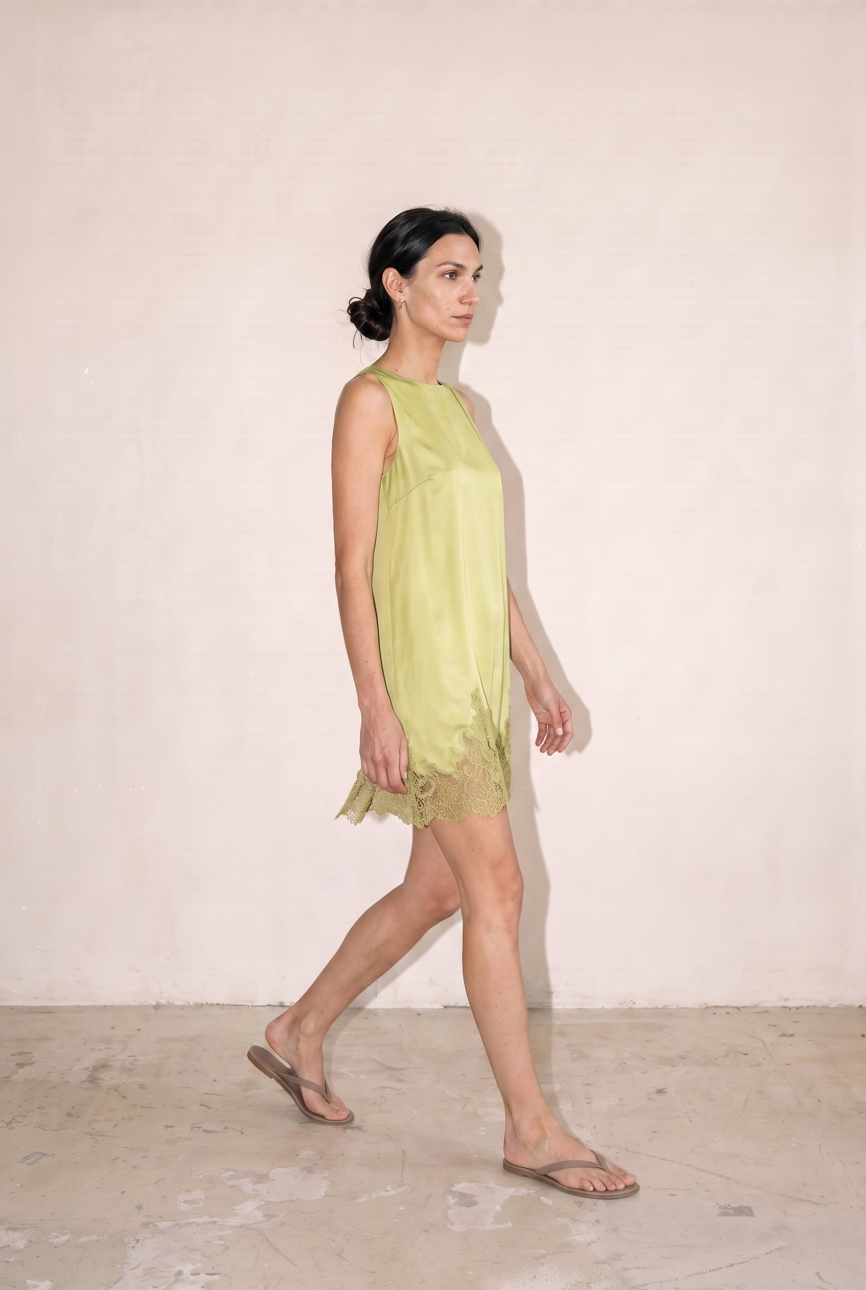 Lace Edge Detail Satin Shift Mini Dress Olive