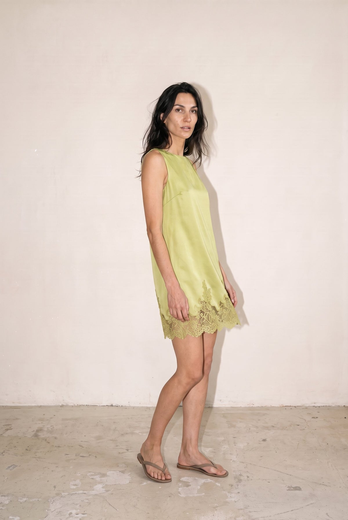 Lace Edge Detail Satin Shift Mini Dress Olive Edit By Nine