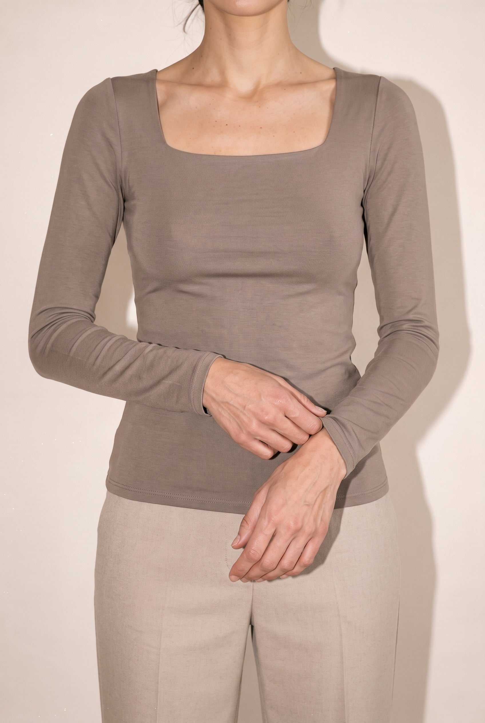 Double Layered Square Neck L/S Top Olive Wasabi + Mint