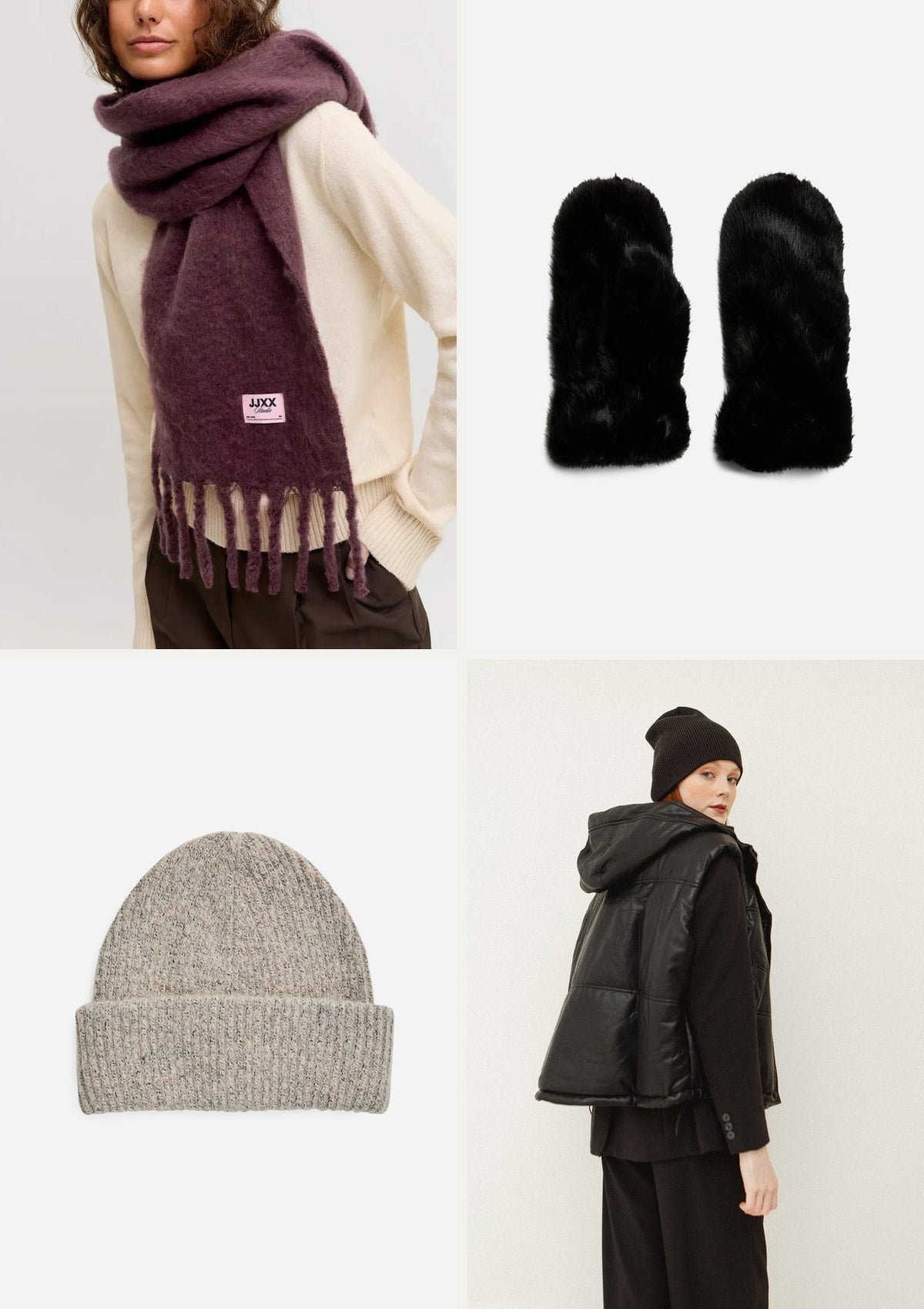 Winter accessories board: plum fringed scarf, black faux fur mittens, grey knit hat, black beanie