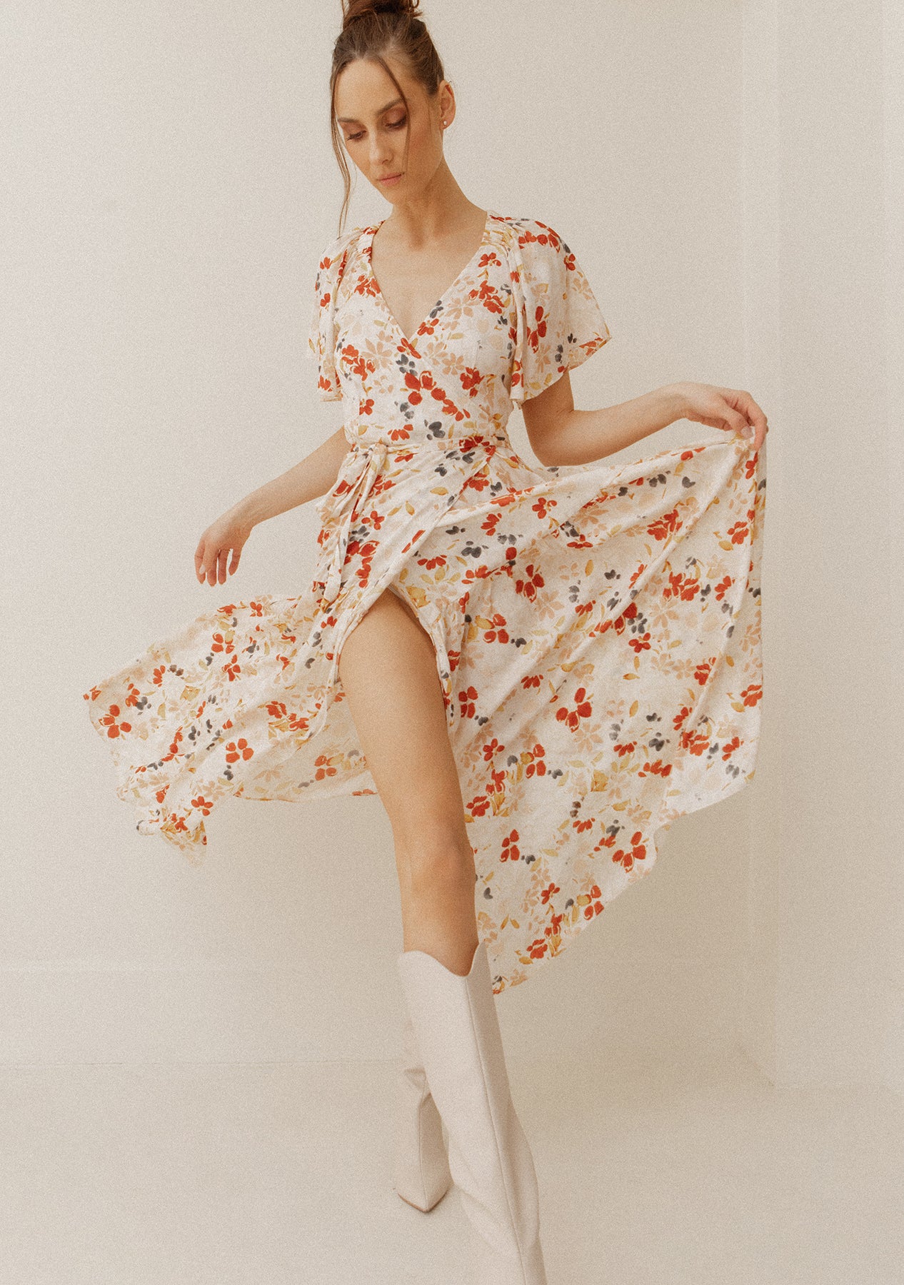 Cream floral sale wrap dress