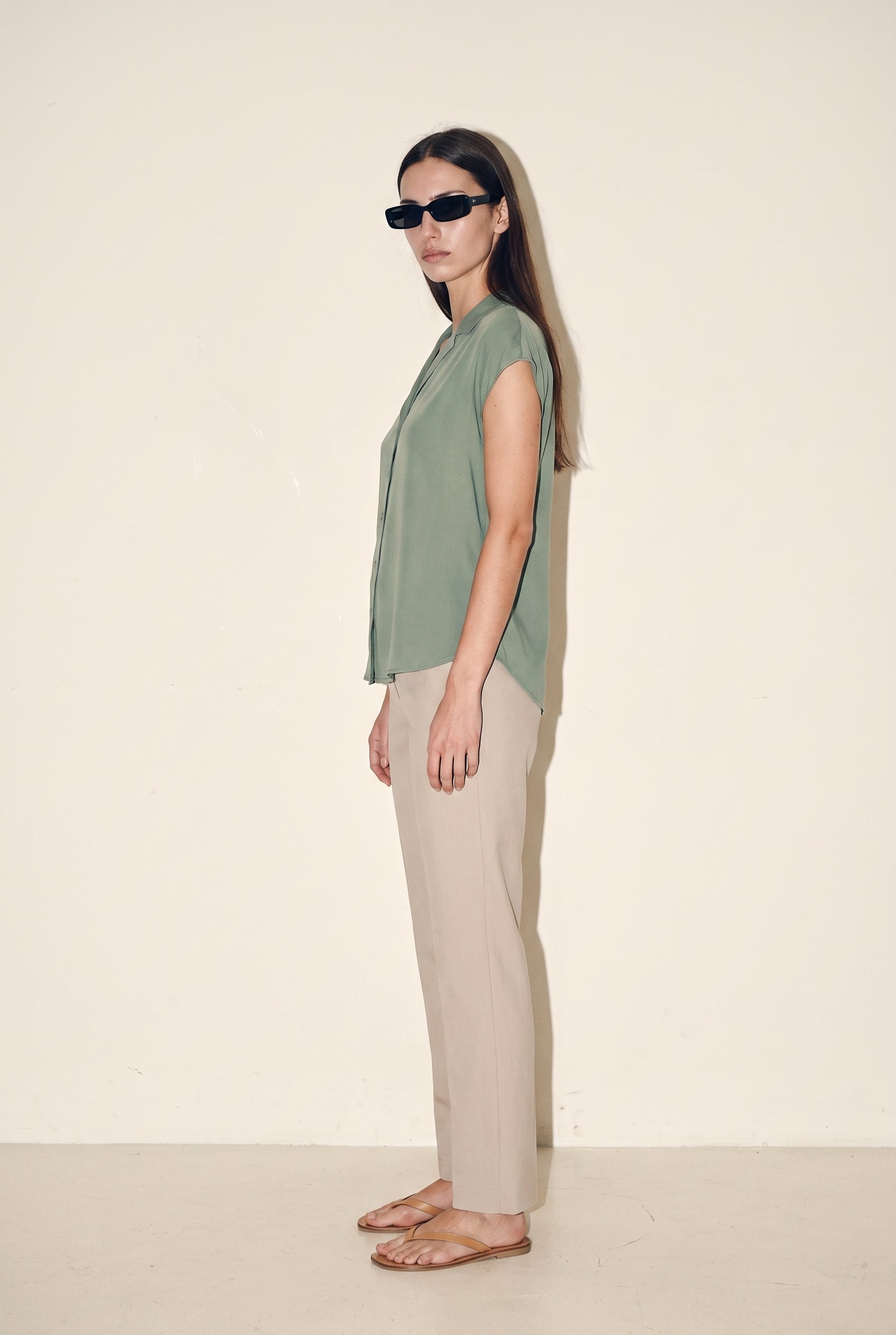 Button Down Cap Sleeve Shirt Jade