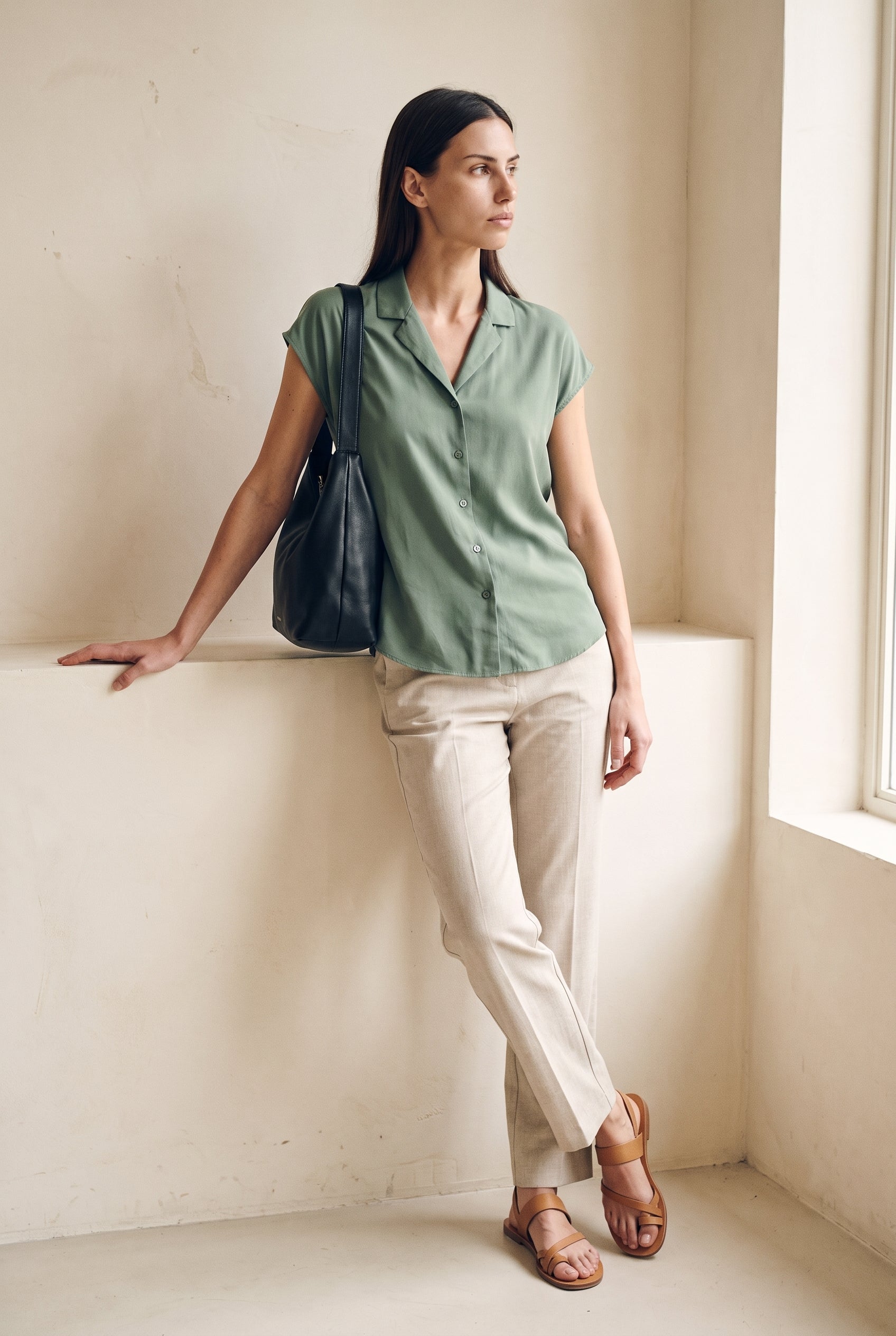 Button Down Cap Sleeve Shirt Jade