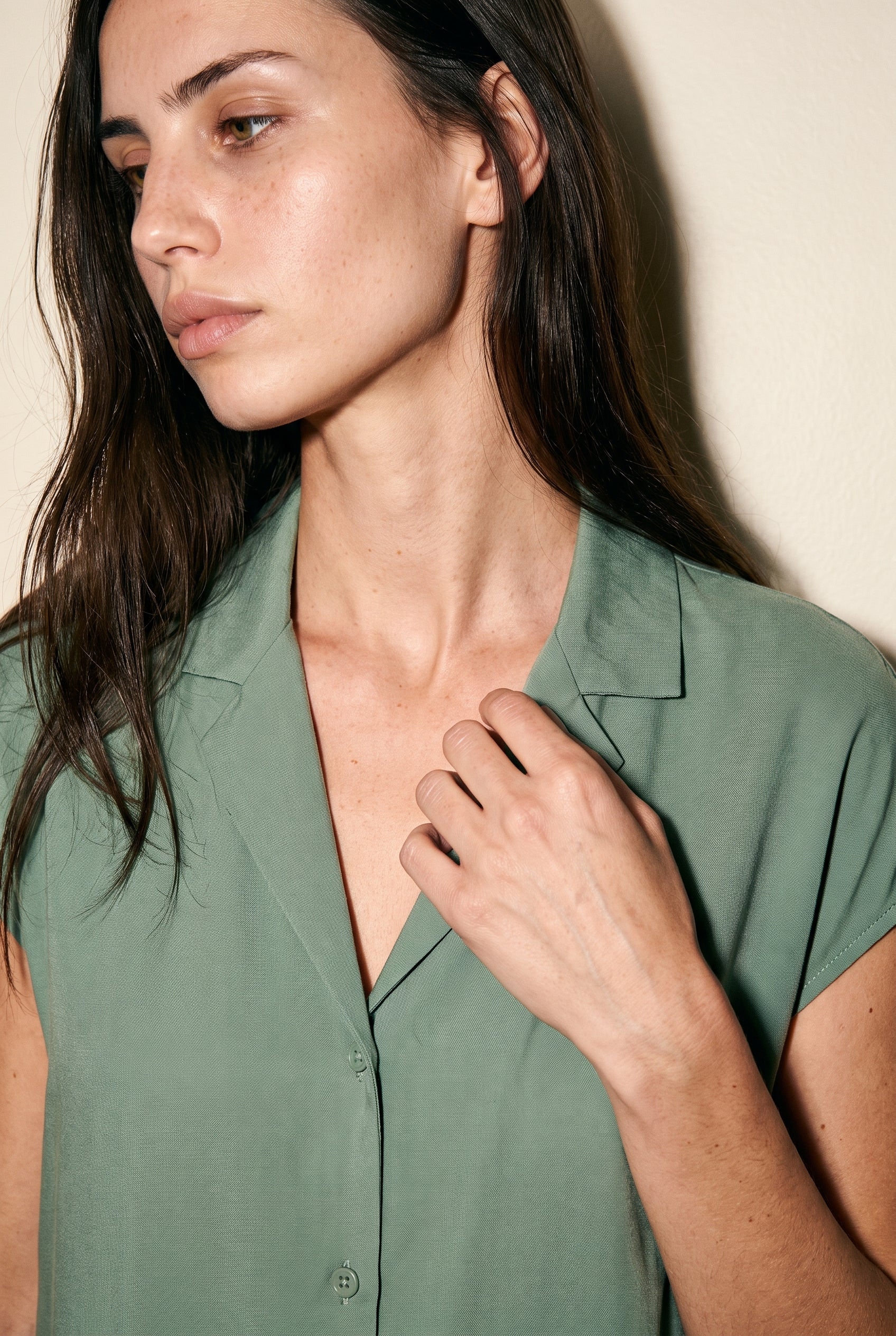 Button Down Cap Sleeve Shirt Jade