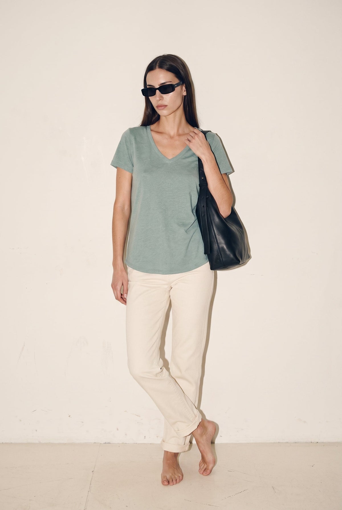 Hacci Slub V-Neck Band Tee Seagrass The Latest Scoop