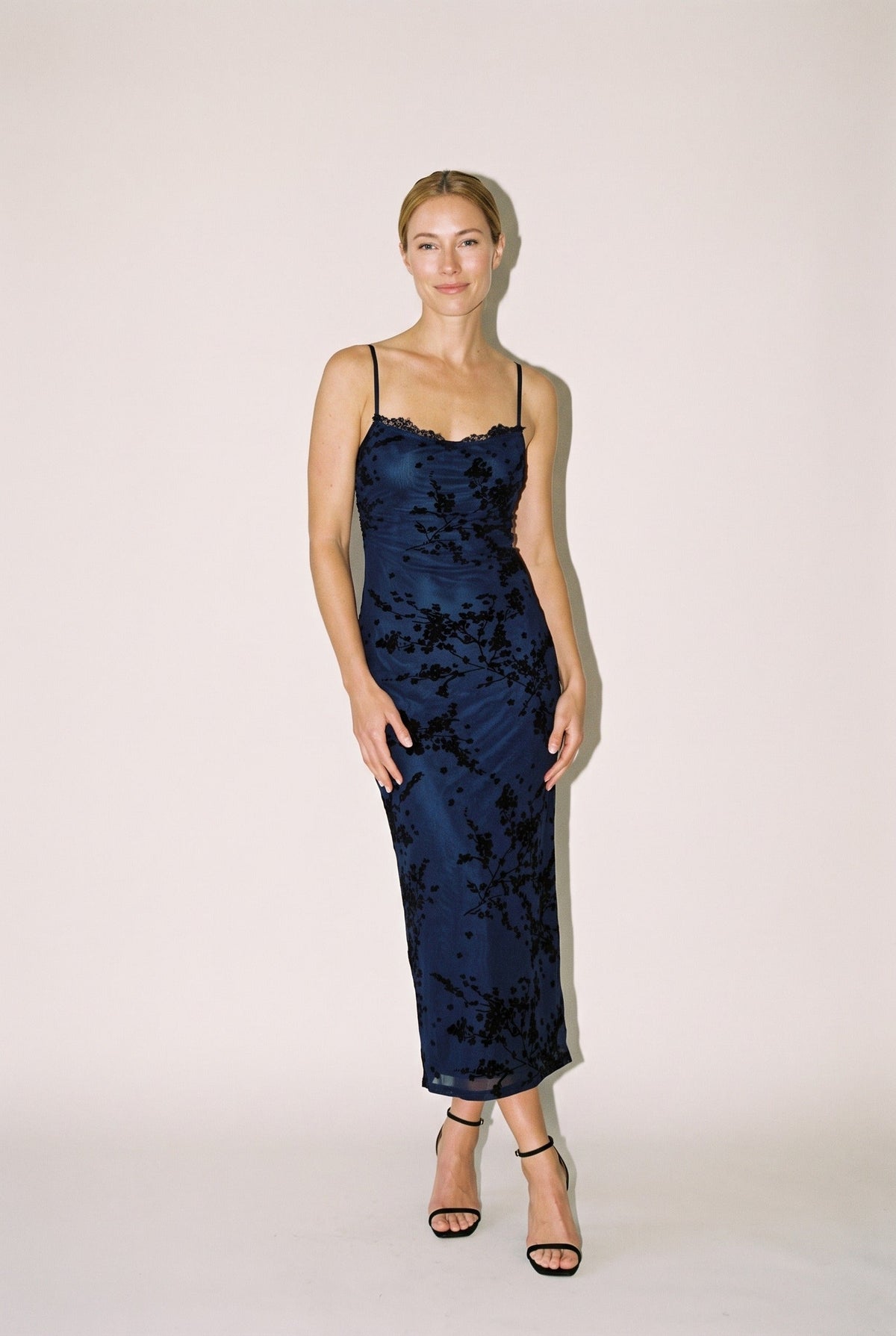 Spaghetti Bra Cup Mesh Velvet Burn Out Midi Dress Black/Navy FORE COLLECTION
