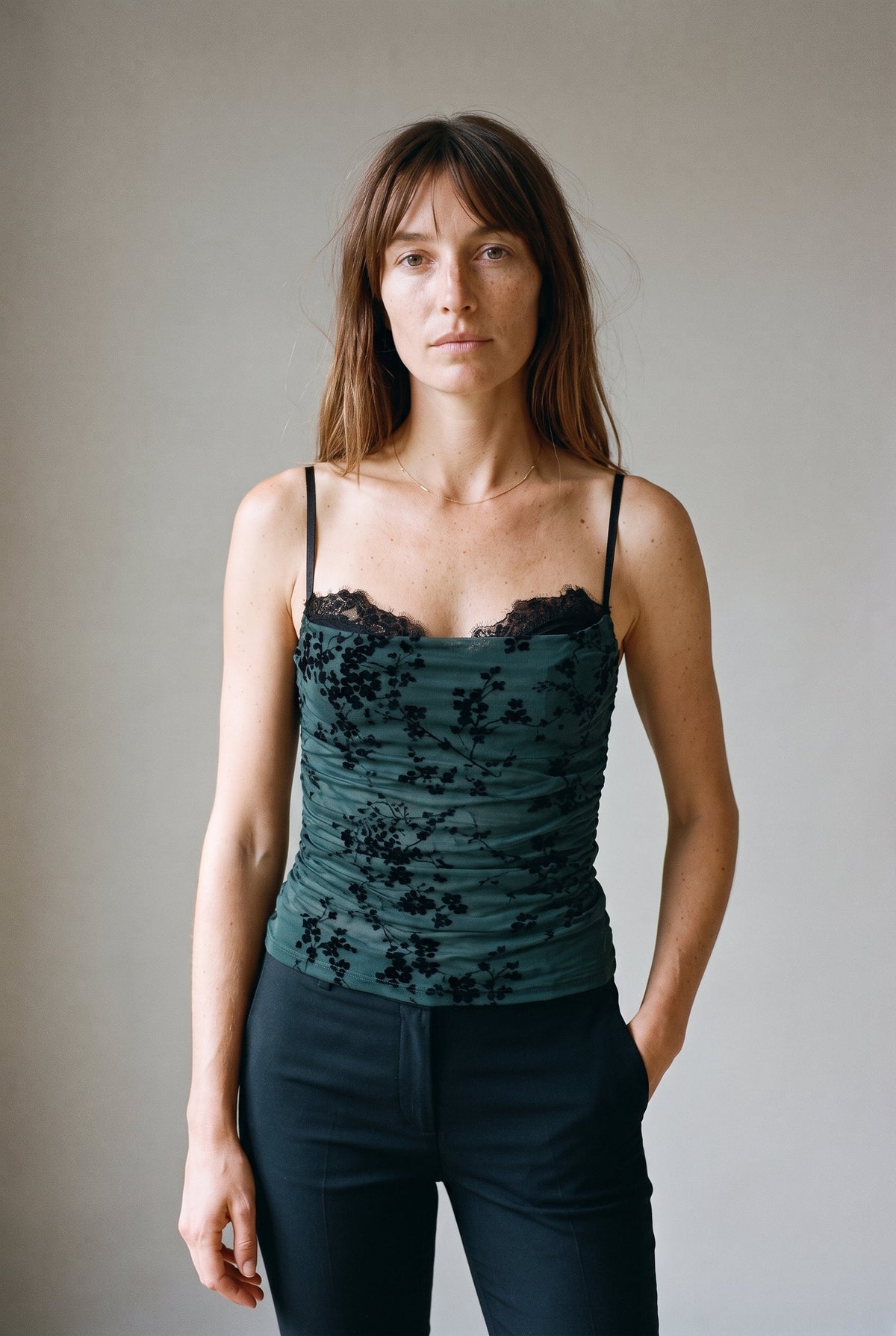 Spaghetti Bra Cup Mesh Velvet Burn Out Top Fore Collection