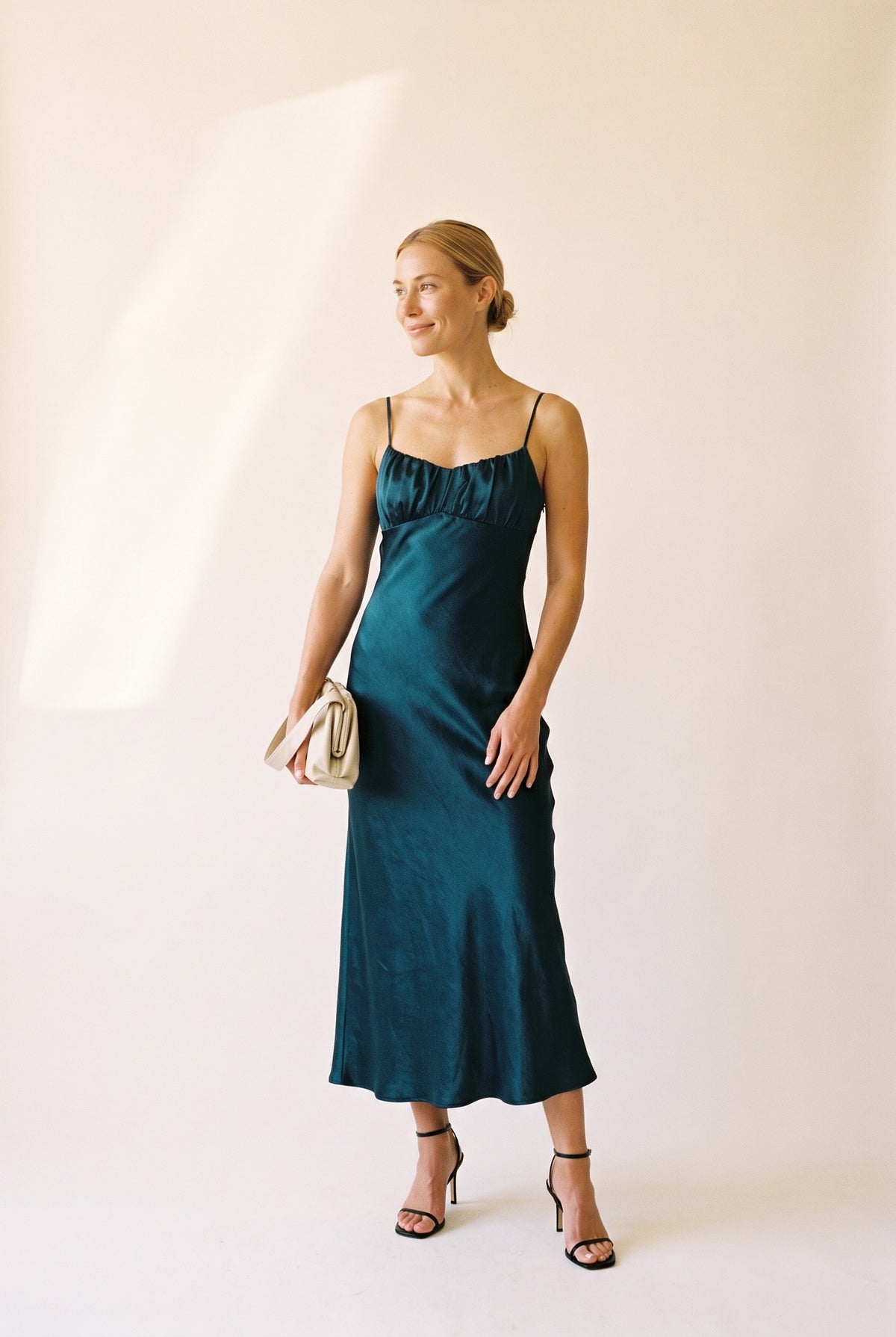 Aura Satin Maxi Dress in teal — full length