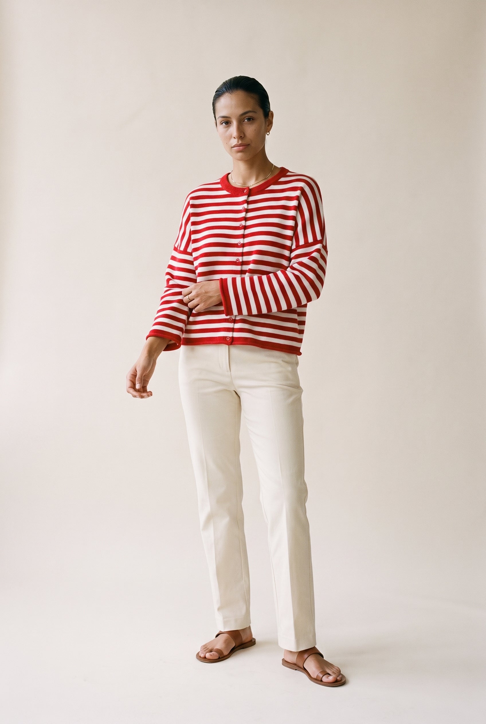 Channel Knit Cardigan Red Ivory