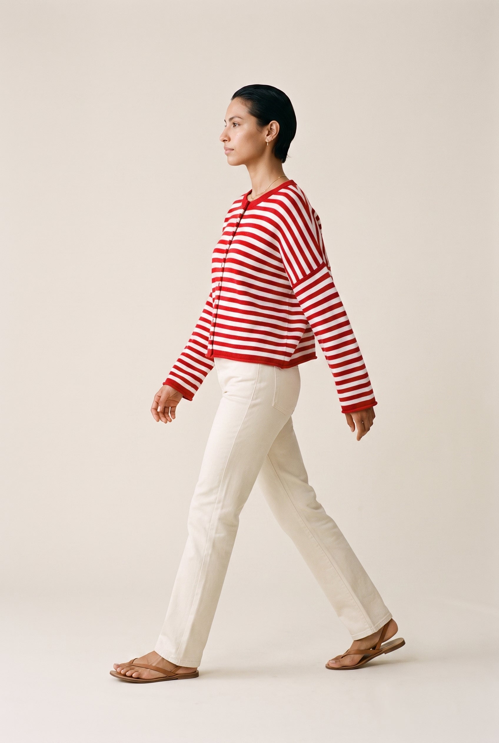Channel Knit Cardigan Red Ivory