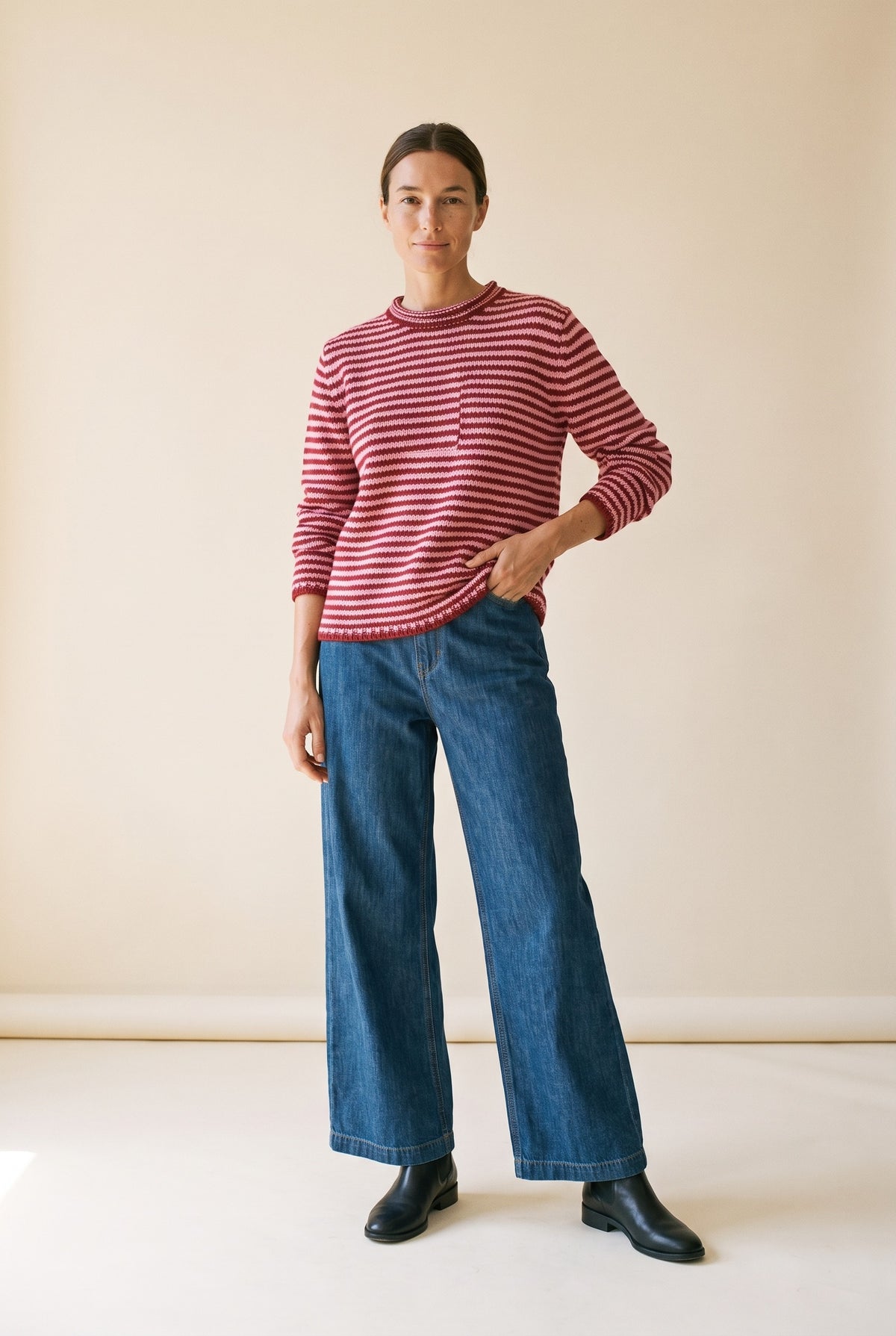 Everyday Cozy Stripe Knit Sweater in burgundy pink — front