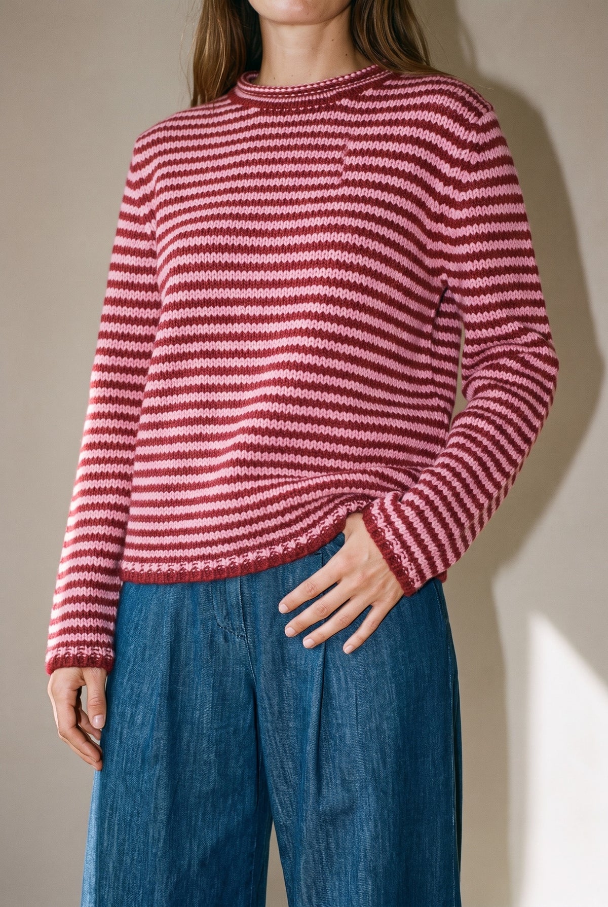 Everyday Cozy Stripe Knit Sweater in burgundy pink — knit detail