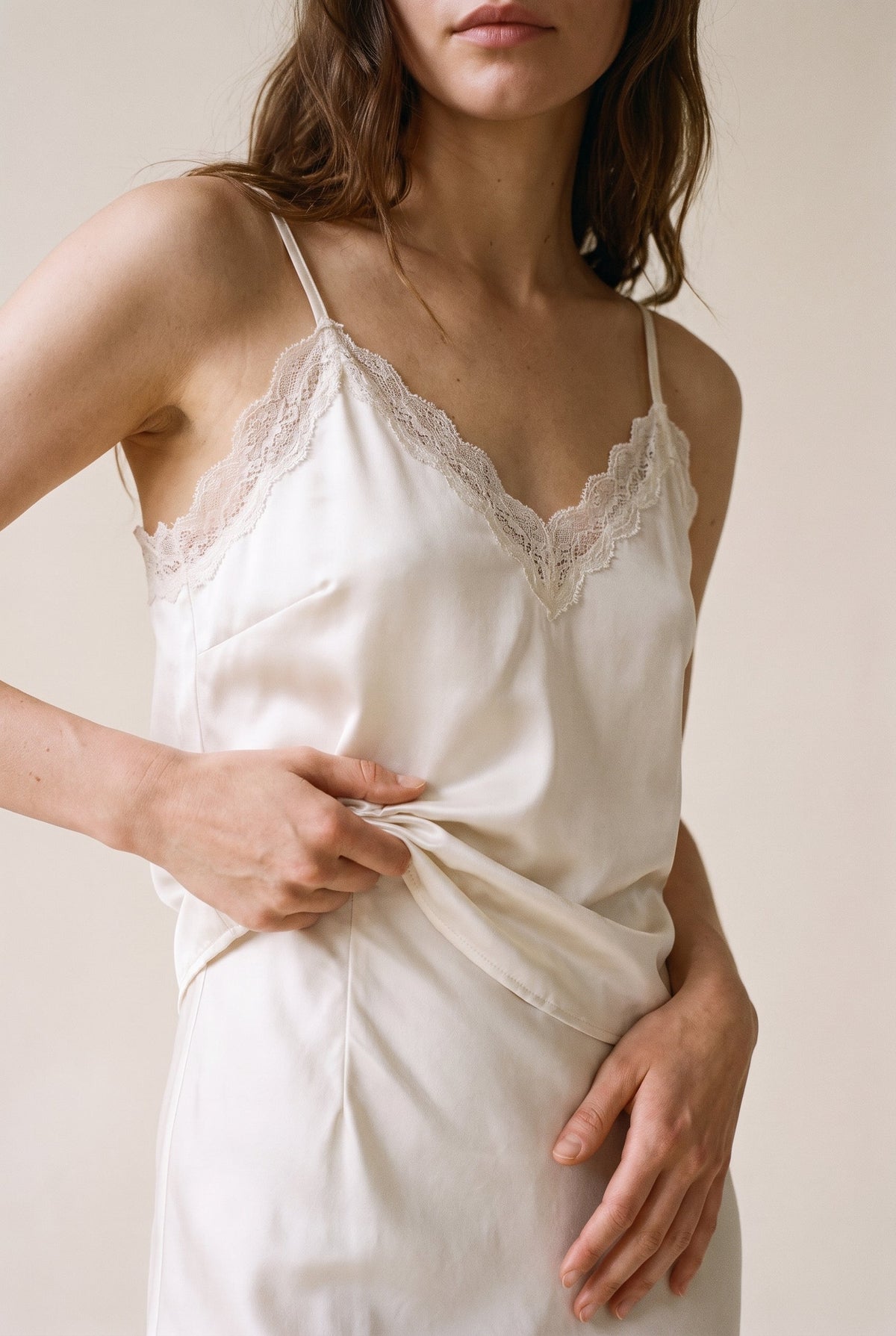 Classic Satin V-Neck Lace Trim Cami Off White