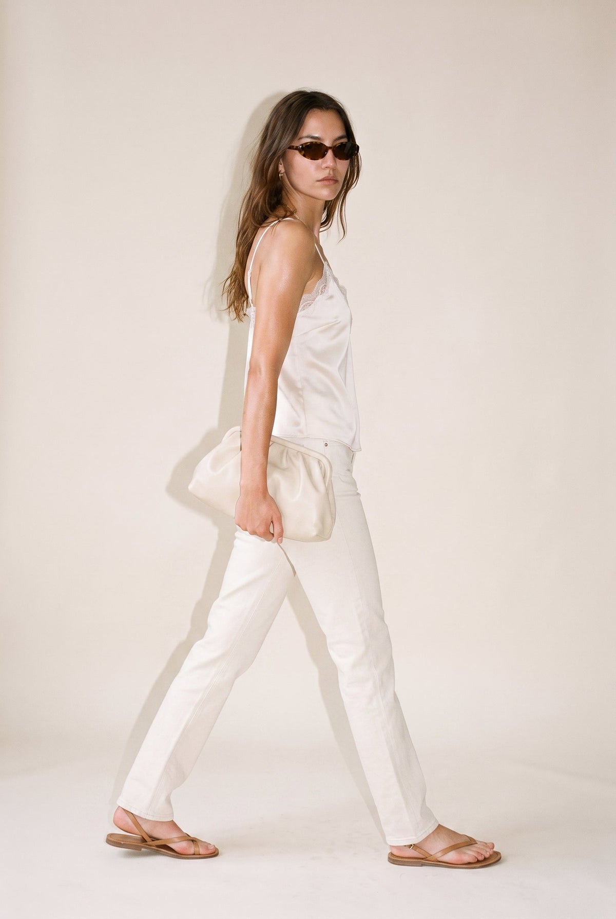 Classic Satin V-Neck Lace Trim Cami Off White