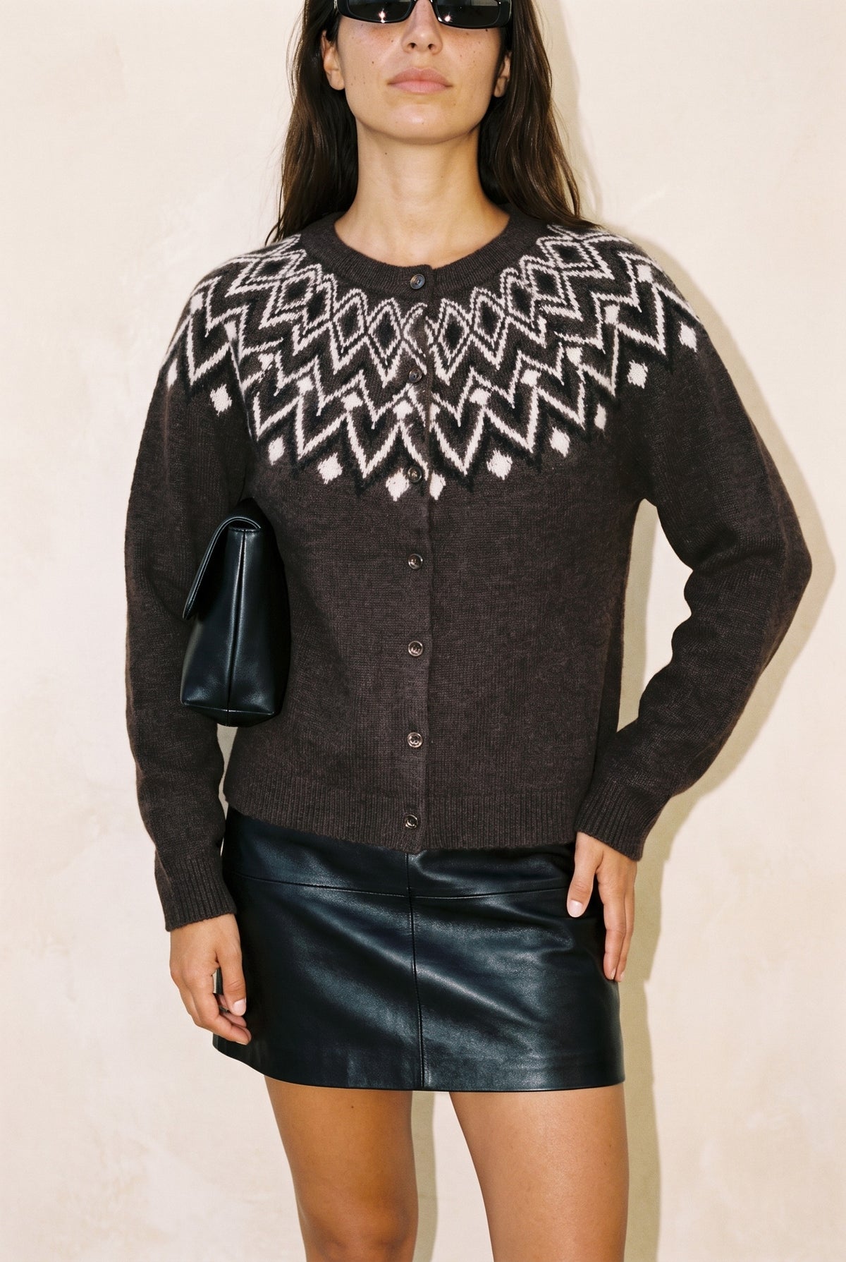 Vmkarla Button Cardigan in chocolate torte — yoke and placket detail