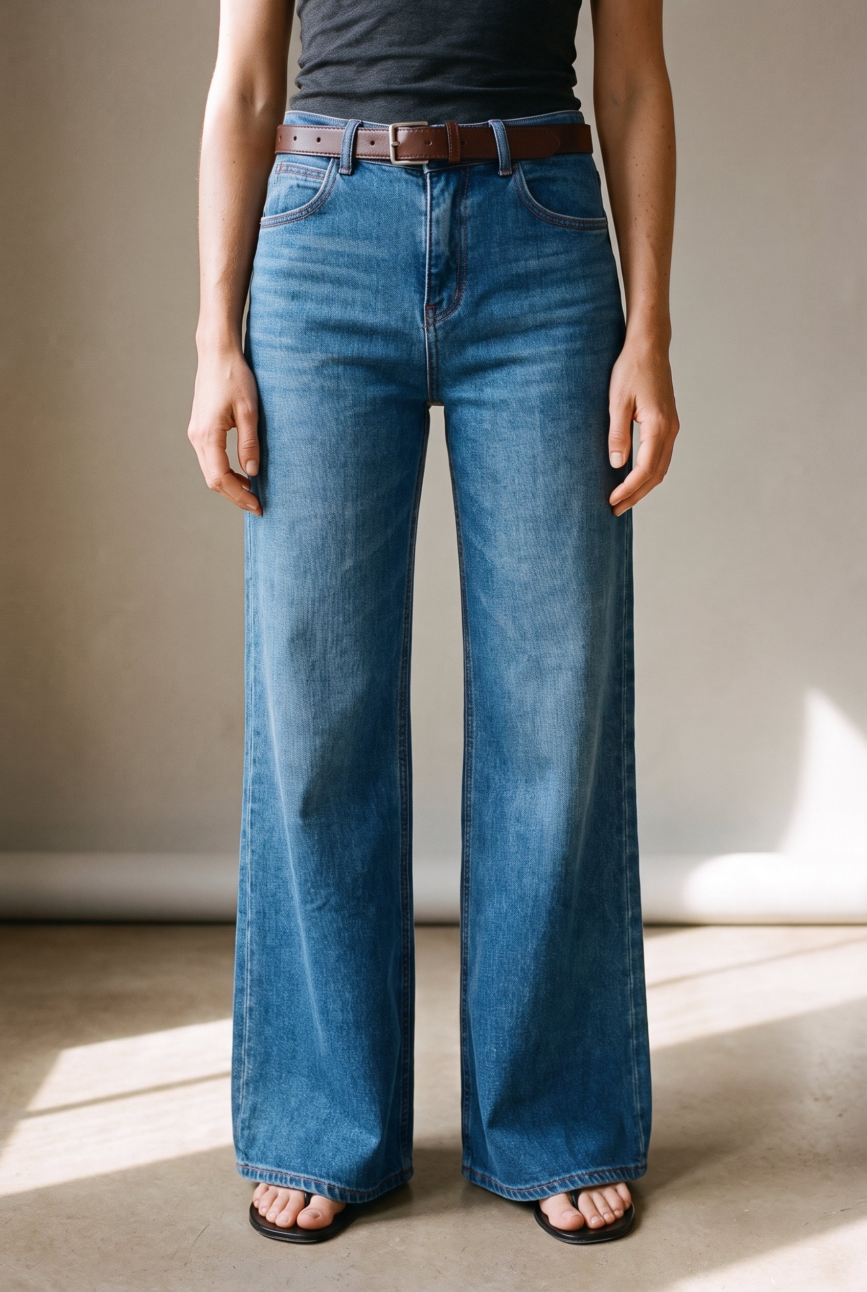 High Rise Wide Leg Jean with Belt Denim Blue