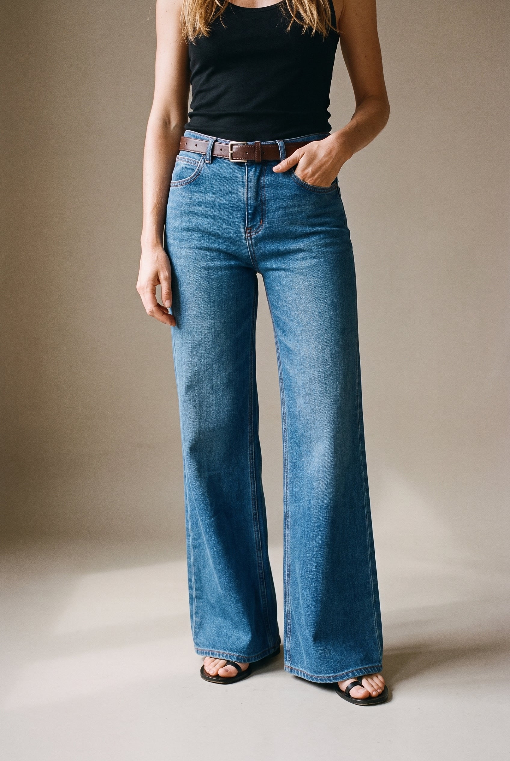 Jean taille haute à jambes larges avec ceinture, denim bleu