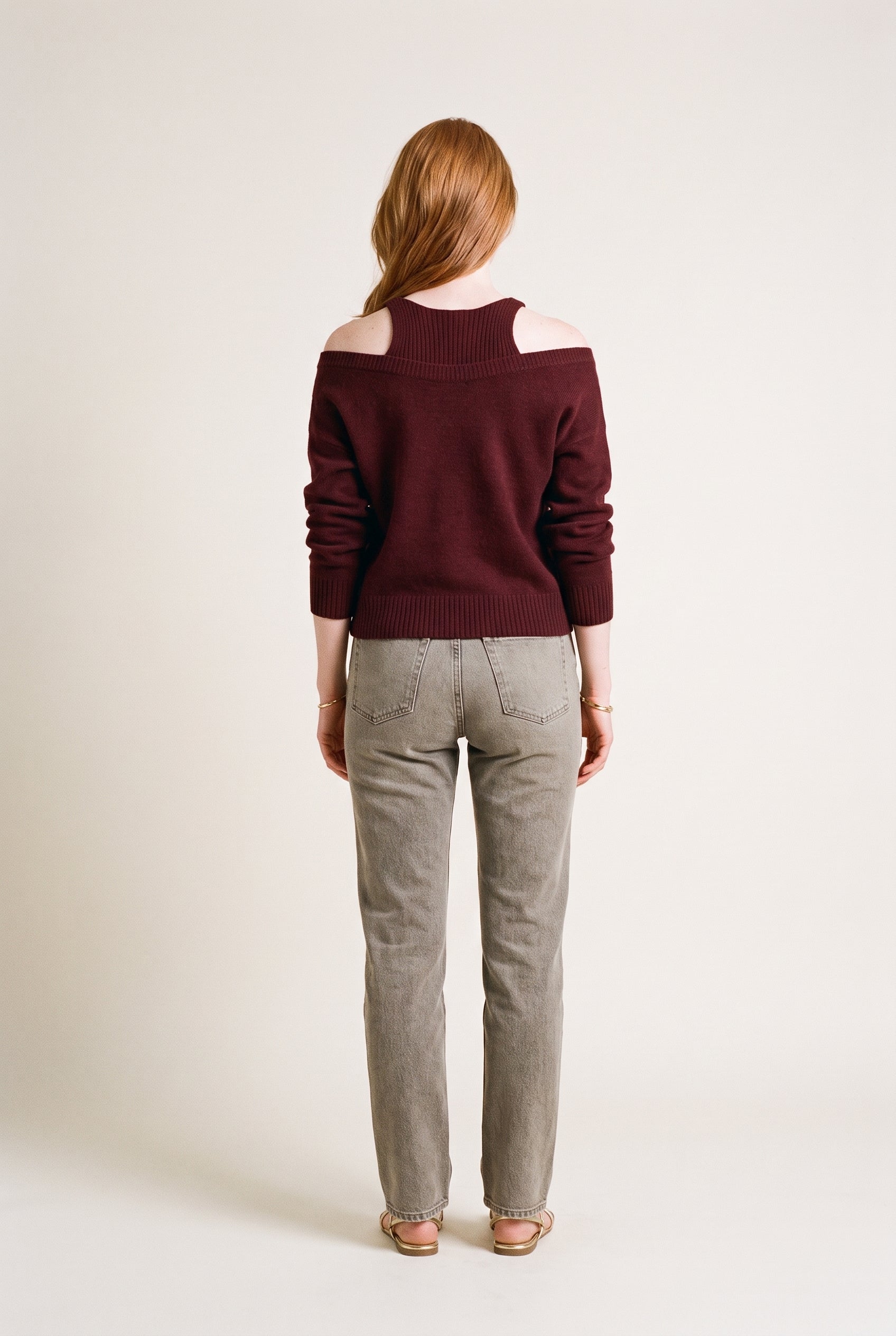 Pull en maille à col rond superposé violet/marron