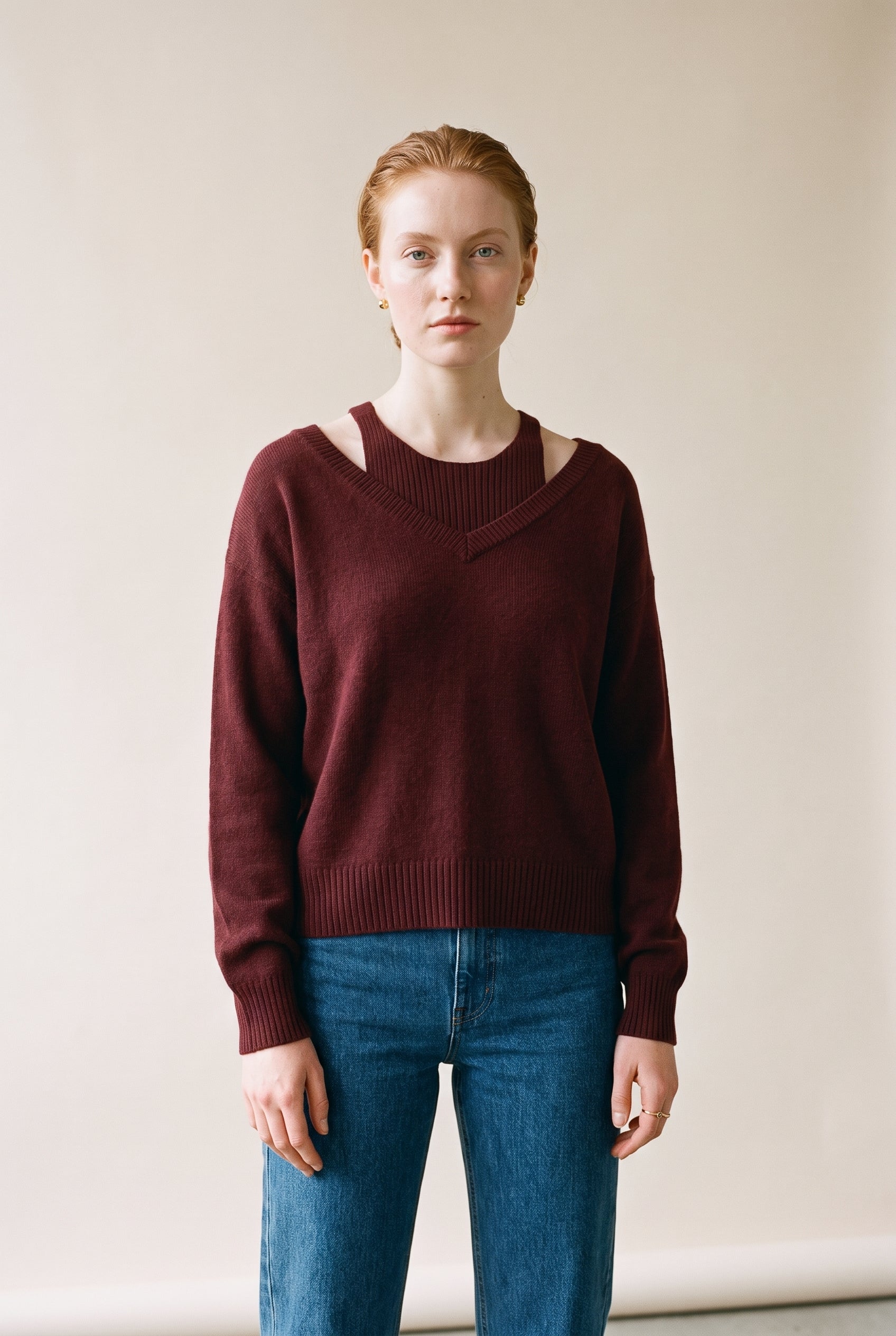 Pull en maille à col rond superposé violet/marron