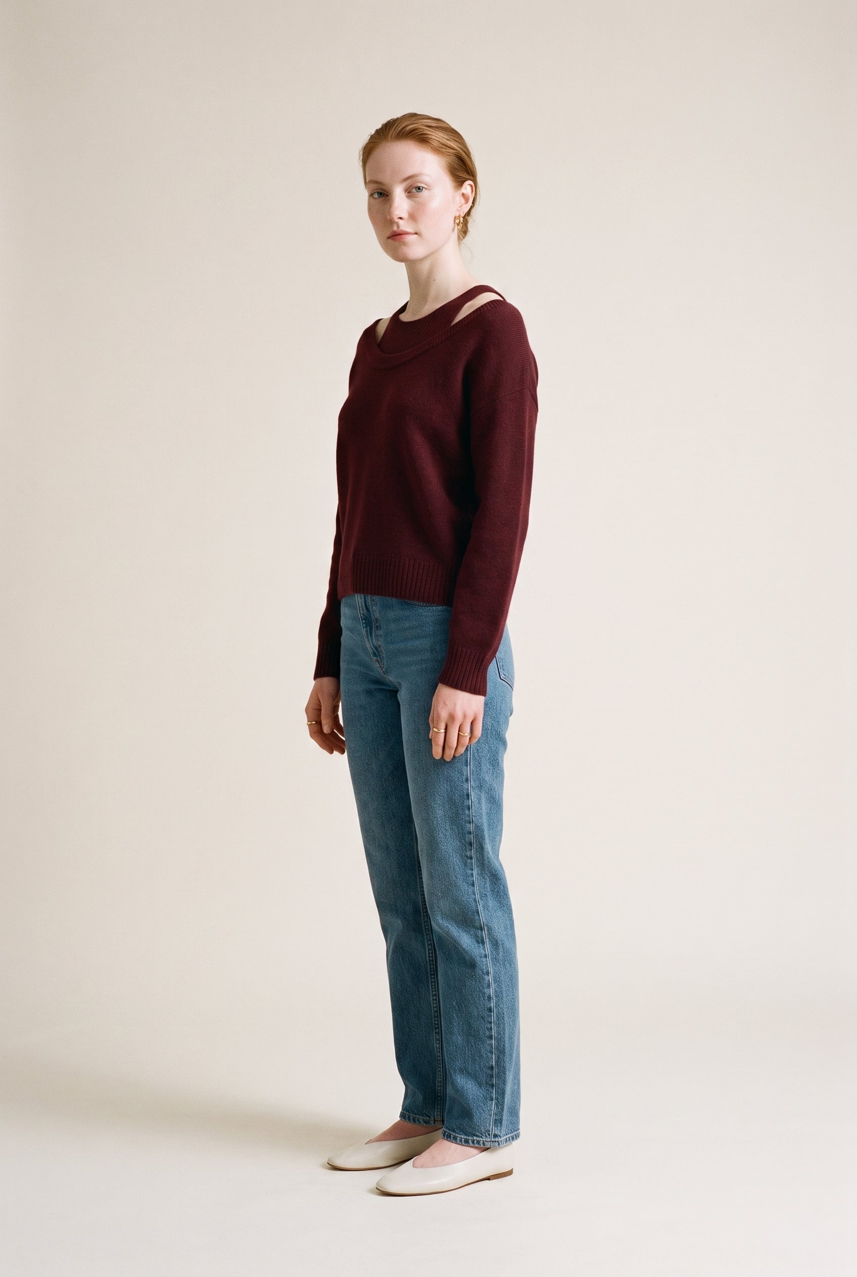 Pull en maille à col rond superposé violet/marron