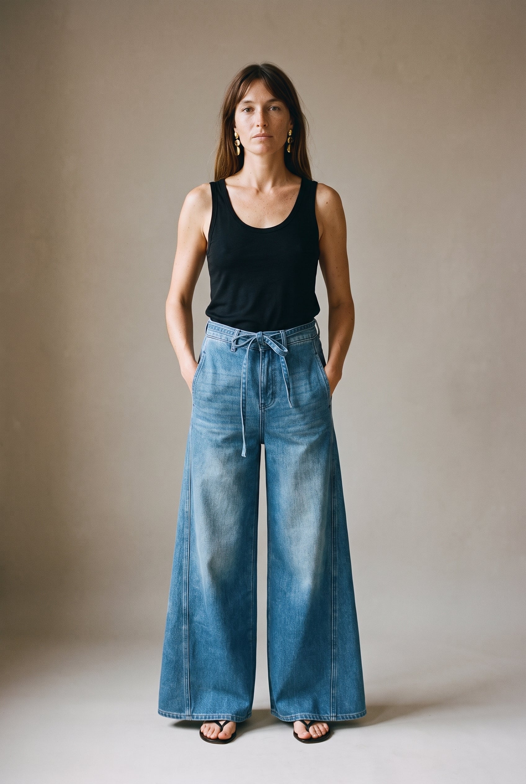 Jean bleu à jambes larges avec détails de coutures