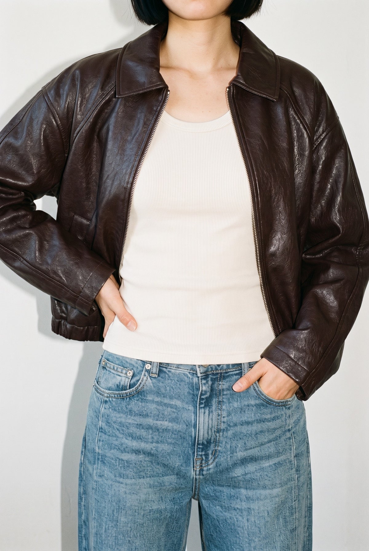 Onlmasja Faux Leather Bomber in chocolate torte — collar detail
